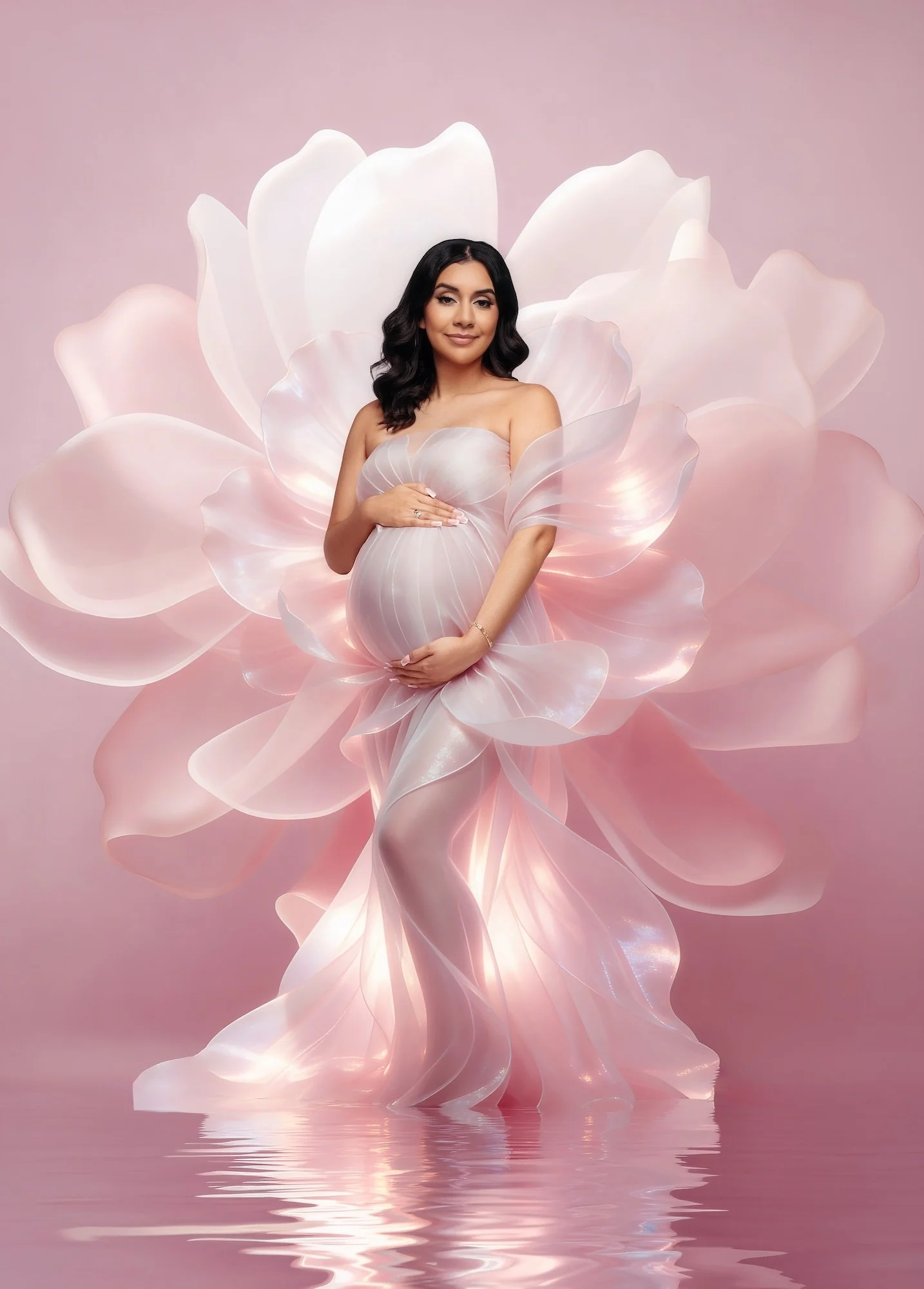 Luxury fine-art maternity portrait: pregnant woman surrounded by an oversized pink flower