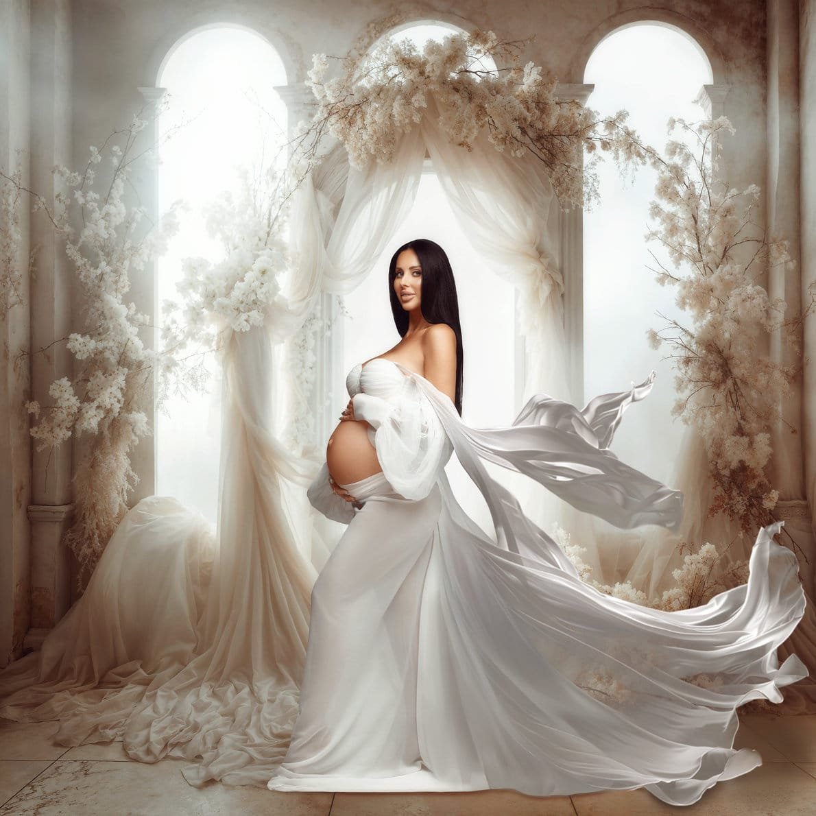 Creative maternity compositing with white ethereal floral maternity in Chicago - Filaneyka photo studio