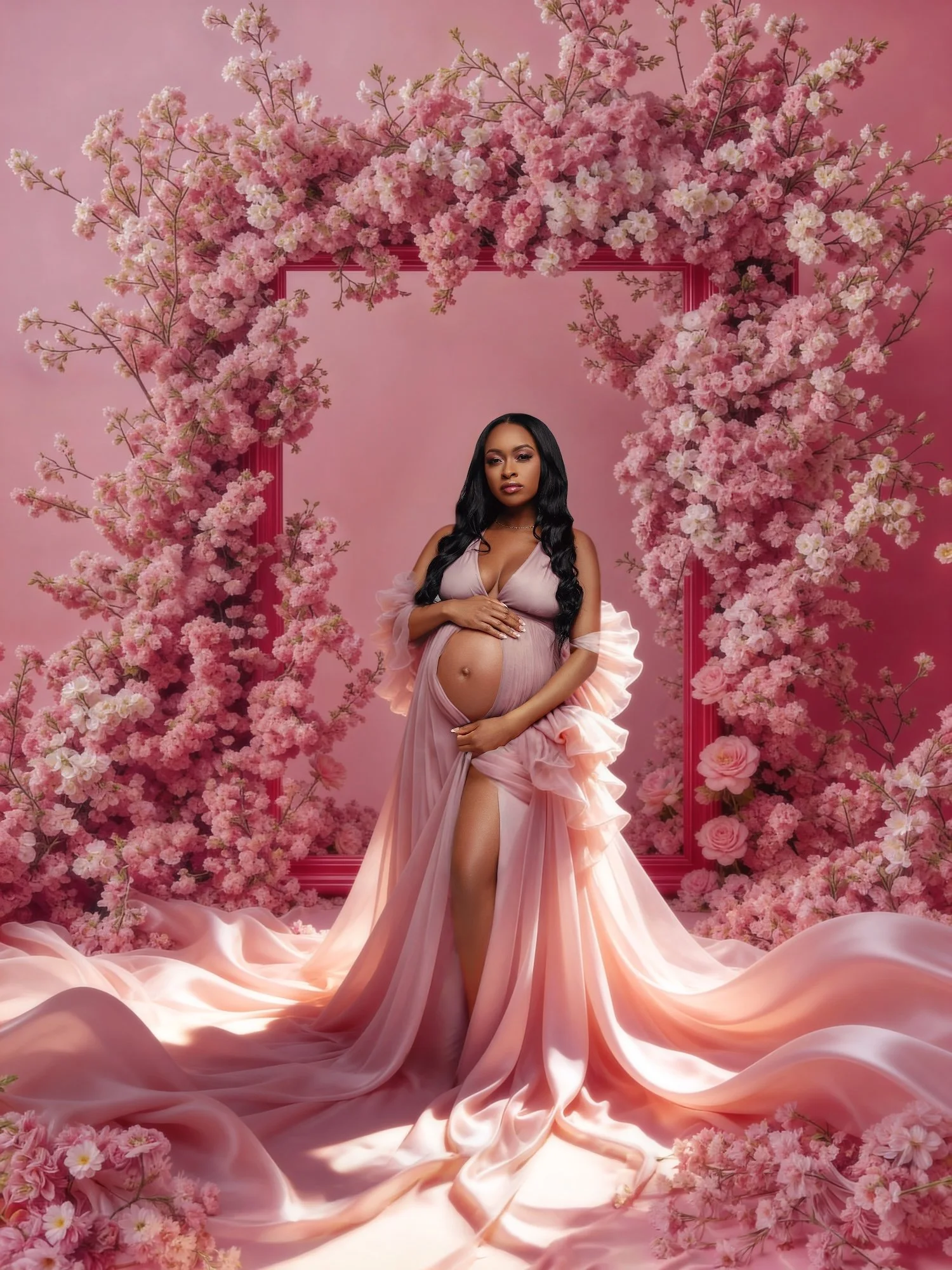 Classic maternity session: pregnant woman beneath a pink floral arch in a painterly digital-art setting
