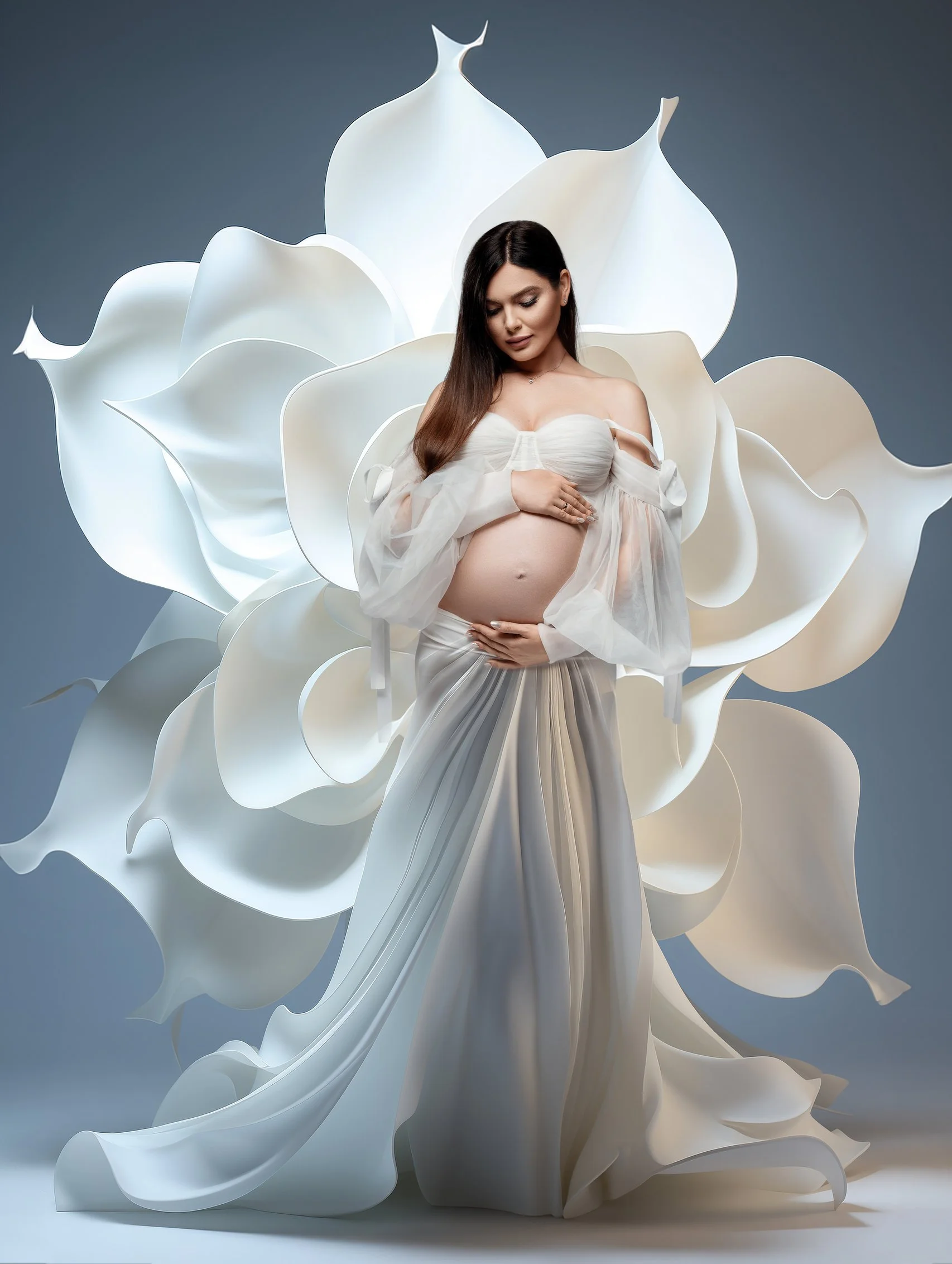 Maternity exclusive retouching with pregnant woman among white petals in Chicago - Filaneyka photo studio