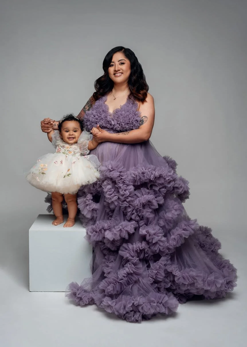 Family studio portrait with mother and daughter in purple gowns in Chicago - Filaneyka photo studio