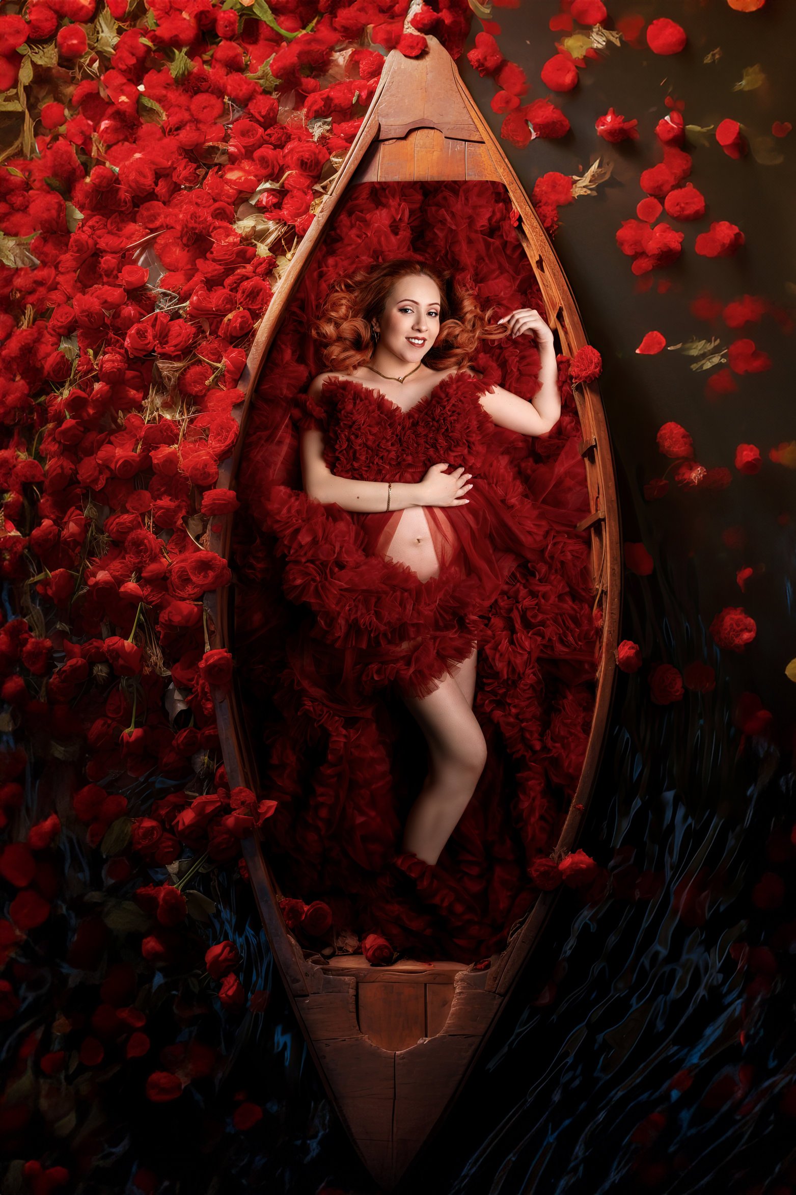 Fine art pregnancy portrait with red roses boat maternity portrait in Chicago - Filaneyka photo studio