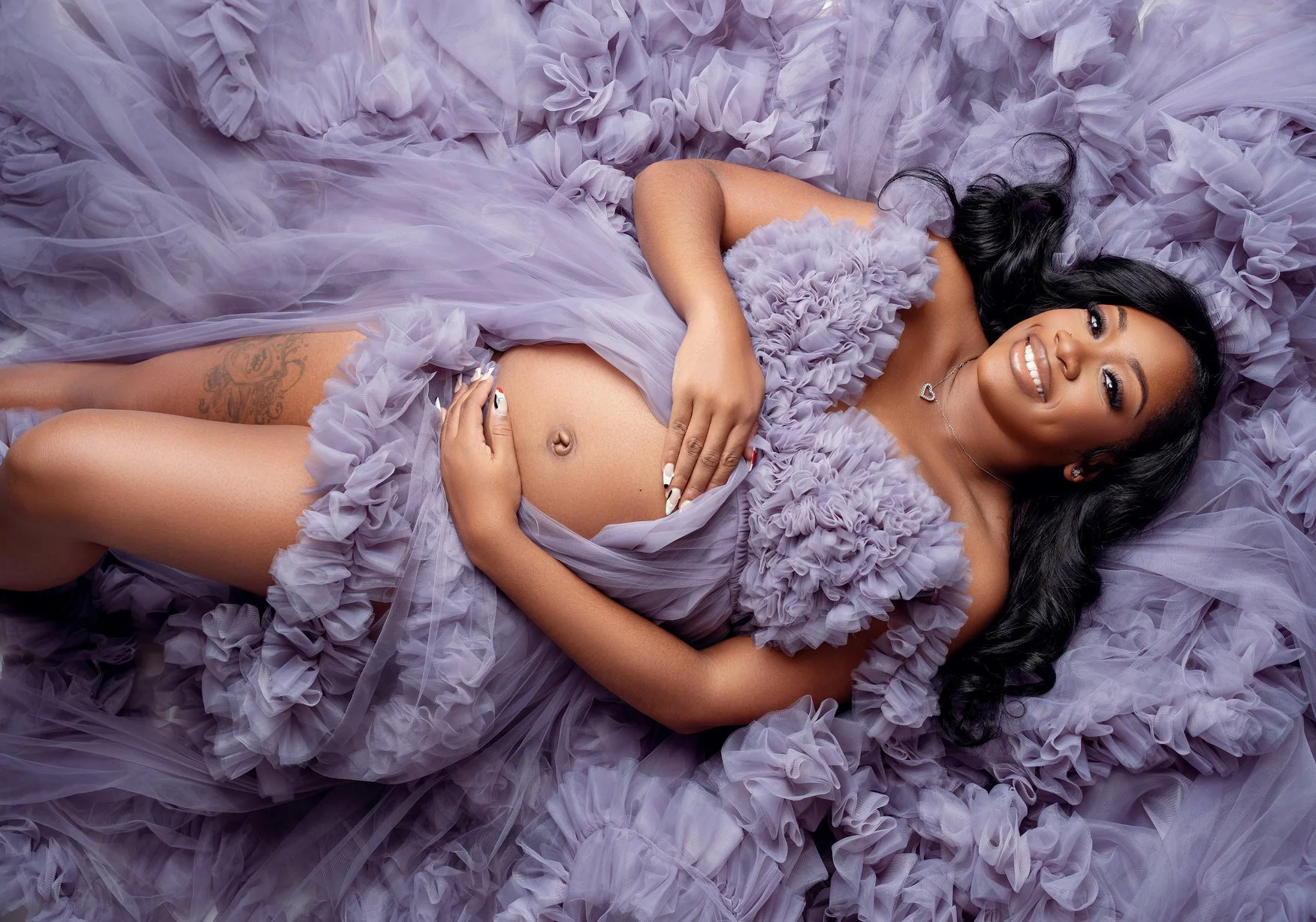 Expecting mother photoshoot with purple tulle maternity portrait in Chicago - Filaneyka photo studio