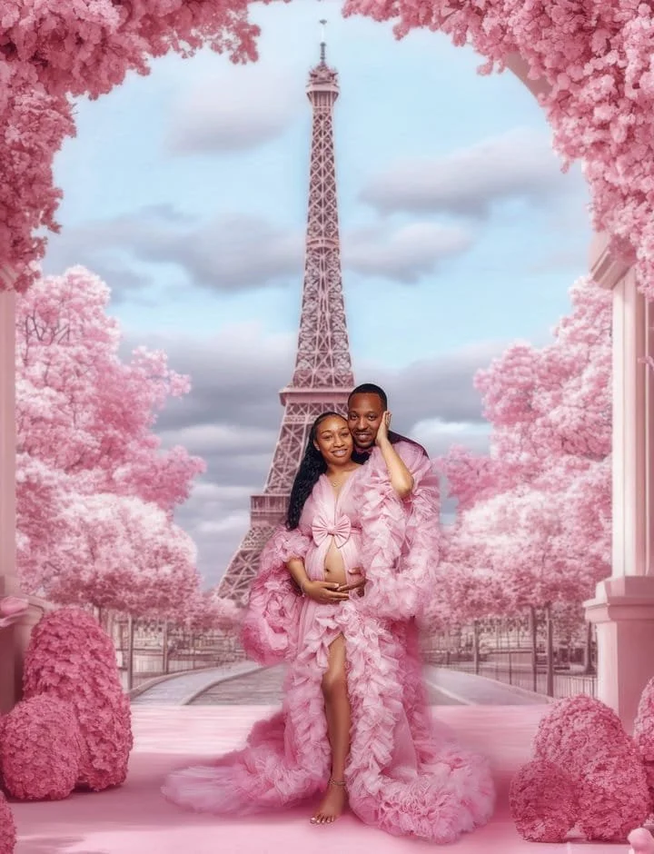 Artistic maternity edit with pink Eiffel Tower couple in Chicago - Filaneyka photo studio