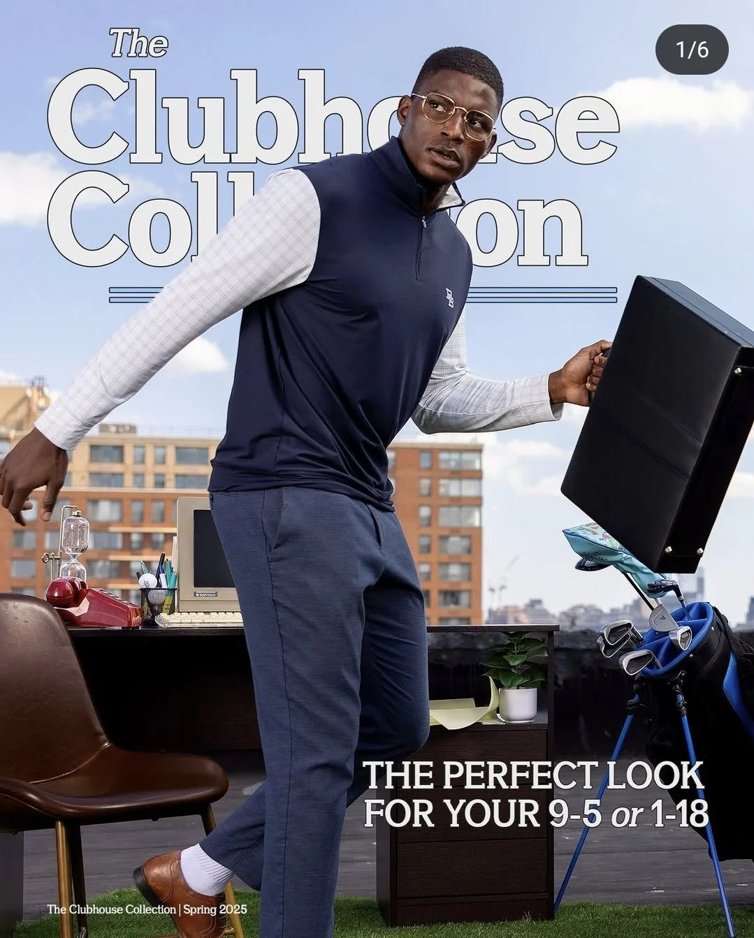 A man standing on an outdoor terrace, dressed in golf attire, with a city skyline in the background. There is a desk with office supplies, a vintage computer, and a potted plant nearby. The text on the image reads "The Clubhouse Collection" and "The 