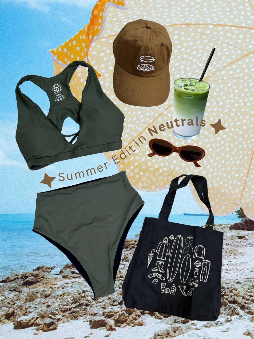 Obsessed with these Neutral Earth Tones 🌏
1. Sol Surfer Racer Top in Matte Army
2. Reversible High Waist in Matte Army/Black
3. Lost Fish Studio Dugong Venus Cap in Mud Brown
4. Lost Fish Studio Monsoon Tote in Black
Complete with Ice cold Matcha La