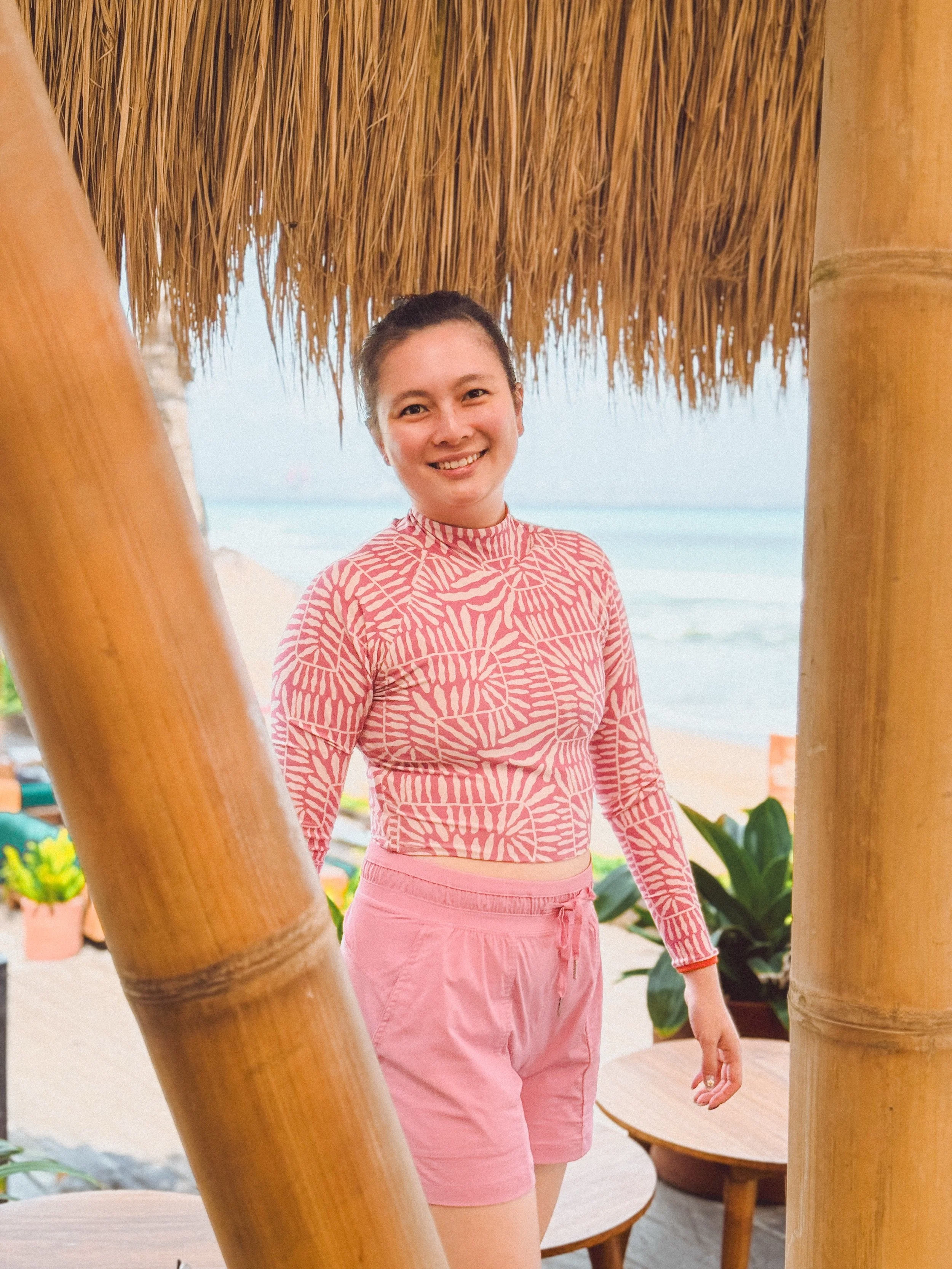 Family holiday at the Beach Club with my sissy @tashachen 🩷 
Sun protection is always the wisest choice! 
My sis rocking the Lolli Reversible Crop Rash Guard paired with The Everyday Shorts from @the.pedler