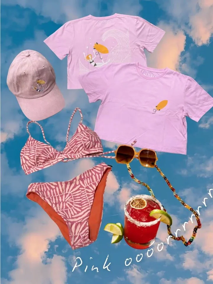 Team Pink orrrrrrrrr&hellip;.
1. Lost Fish Studio Wipeout Queen Soft Cap
2. Lost Fish Studio Wipeout Queen Crop Tee
3. Millie Top in Pink Foliage
4. Reversible Mid Waist Bottom in Pink Foliage/ Burnt Orange

Team Blue?
1. Lost Fish Studio Dugong Soft