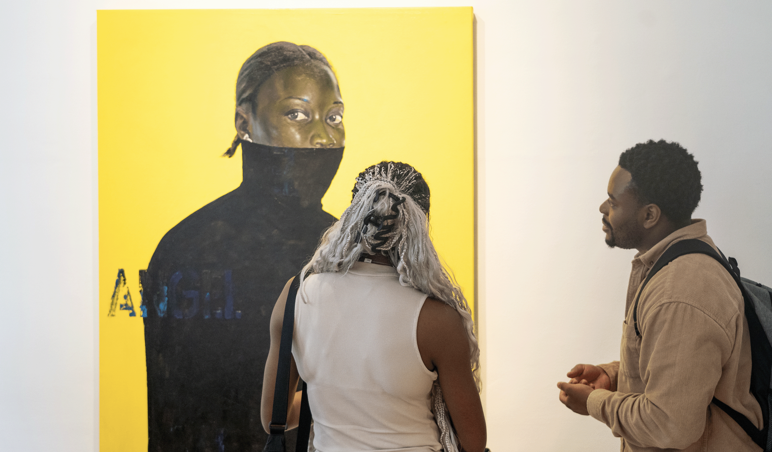A man and woman observing a bold piece of contemporary art, titled 'Angel': a portrait of a masked, African woman. By Oluwole Omofemi