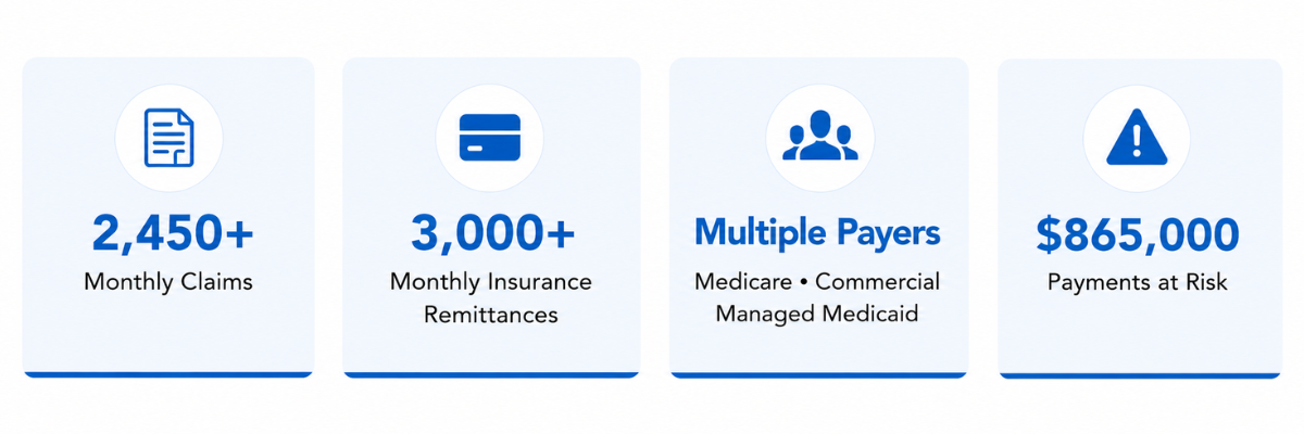 Operational overview of an ENT practice highlighting monthly claims, remittance volume, payer mix, and $865K in payments at risk.