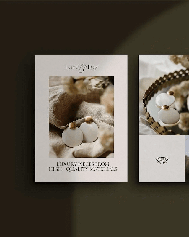 Brochure titled "Luxe Galloy" featuring a photo of designer earrings with white circular stones and gold accents, accented with beige fabric, showcasing luxury jewelry.