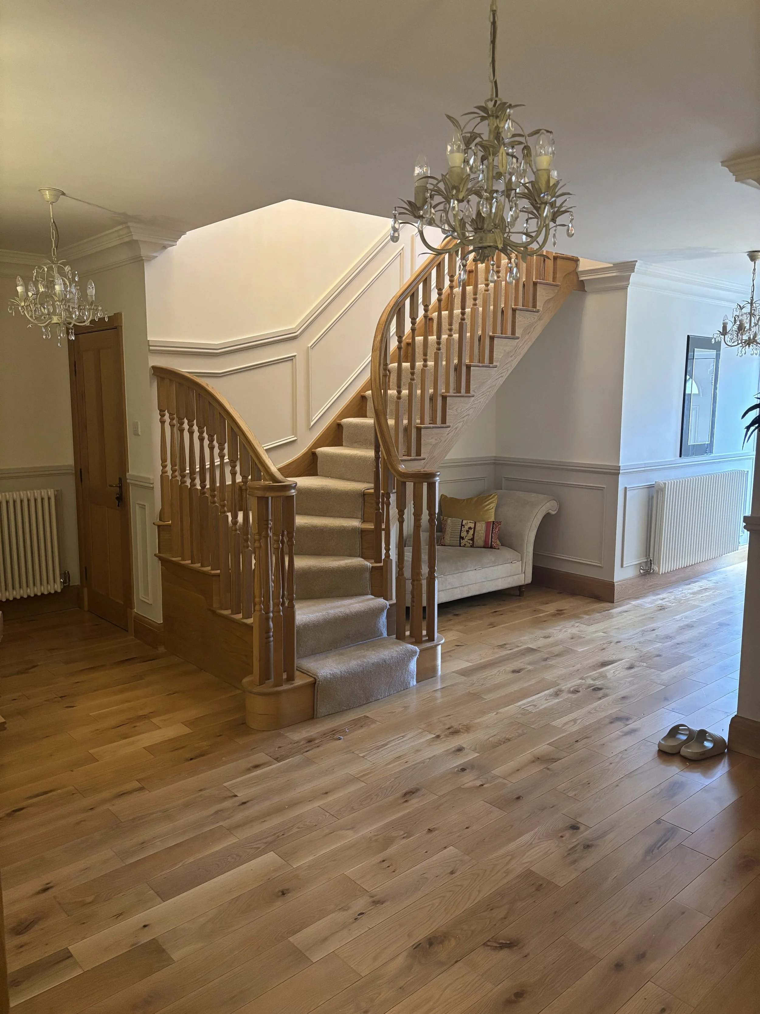 Half height beaded panelling on hall stairs and landing