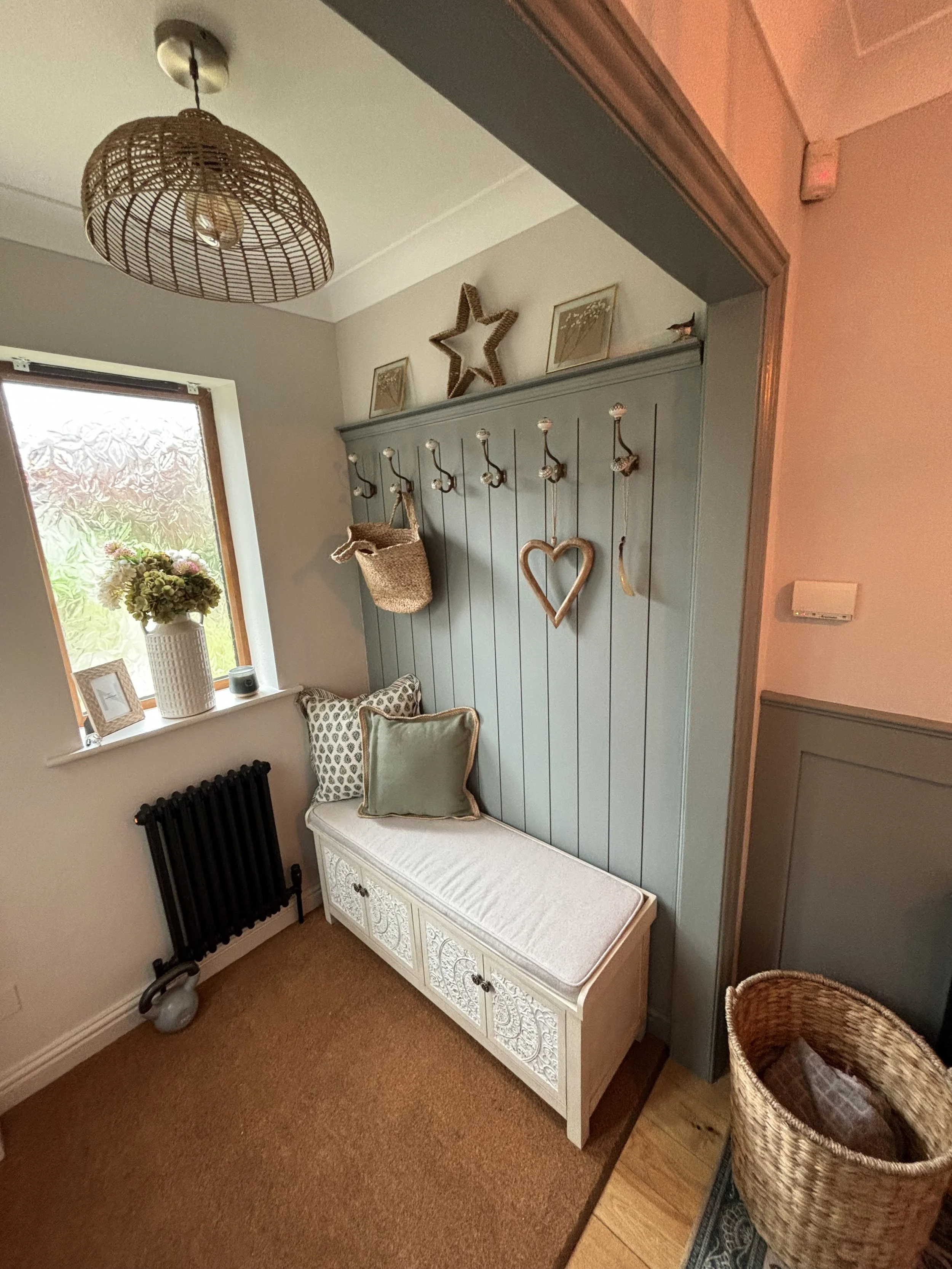 half height shaker panelling with 2 features, 1 boot room backdrop and second a secret cupboard upstairs in same design