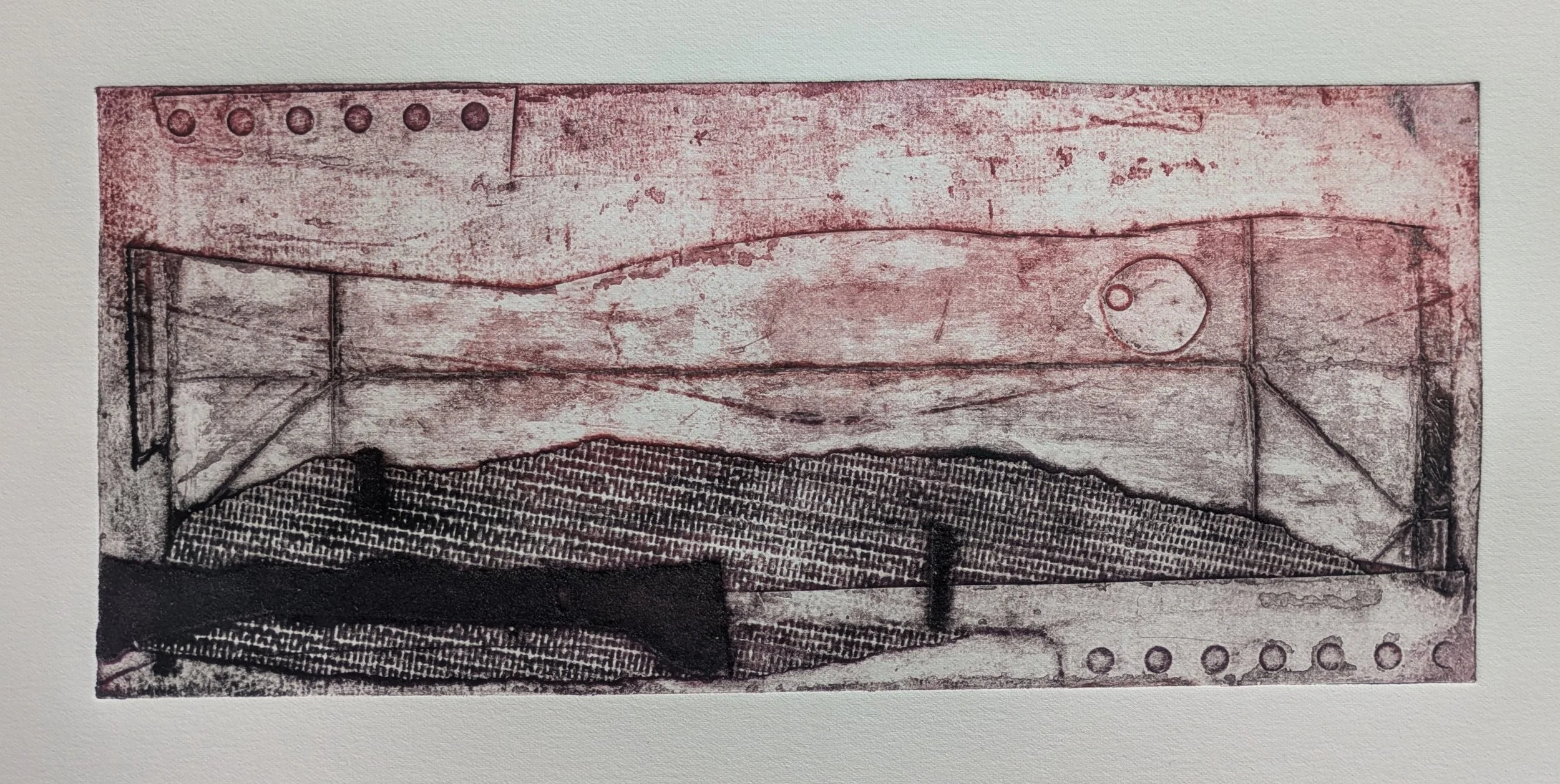 Pink Moon - West Penwith, Collagraph, 12 x 30 x 2 cm framed