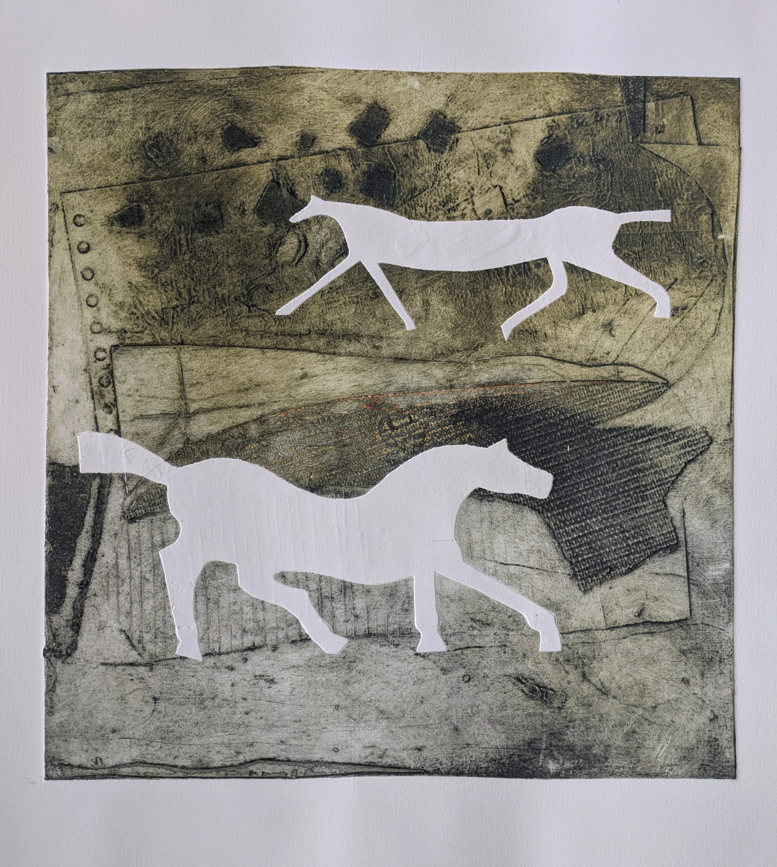 Passing Chalk White Horses, Collagraph and tetrapak, 33 x 32 cm