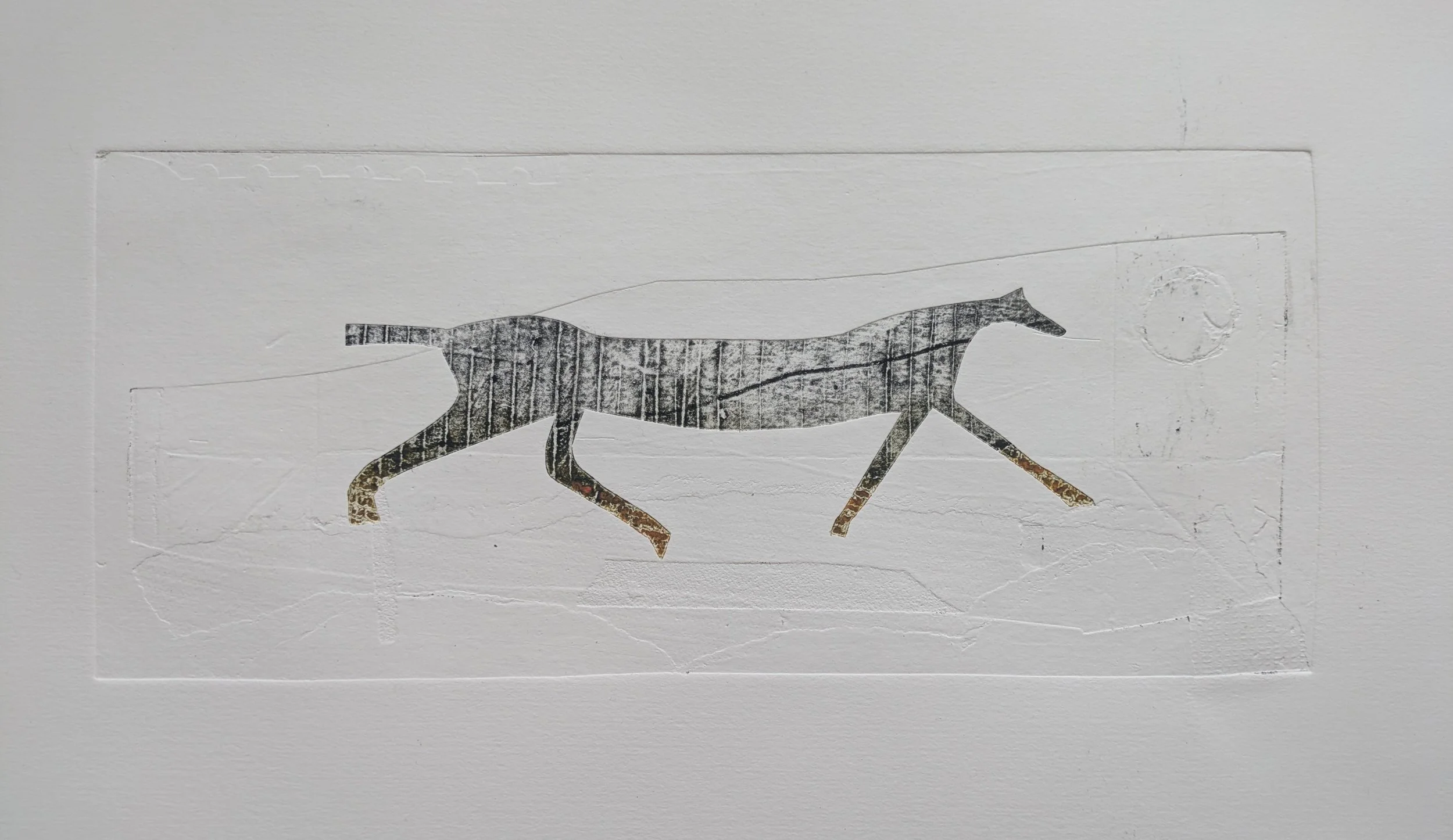 The Dark Horse, Collagraph and tetrapak, 12 x 30 x 2cm framed