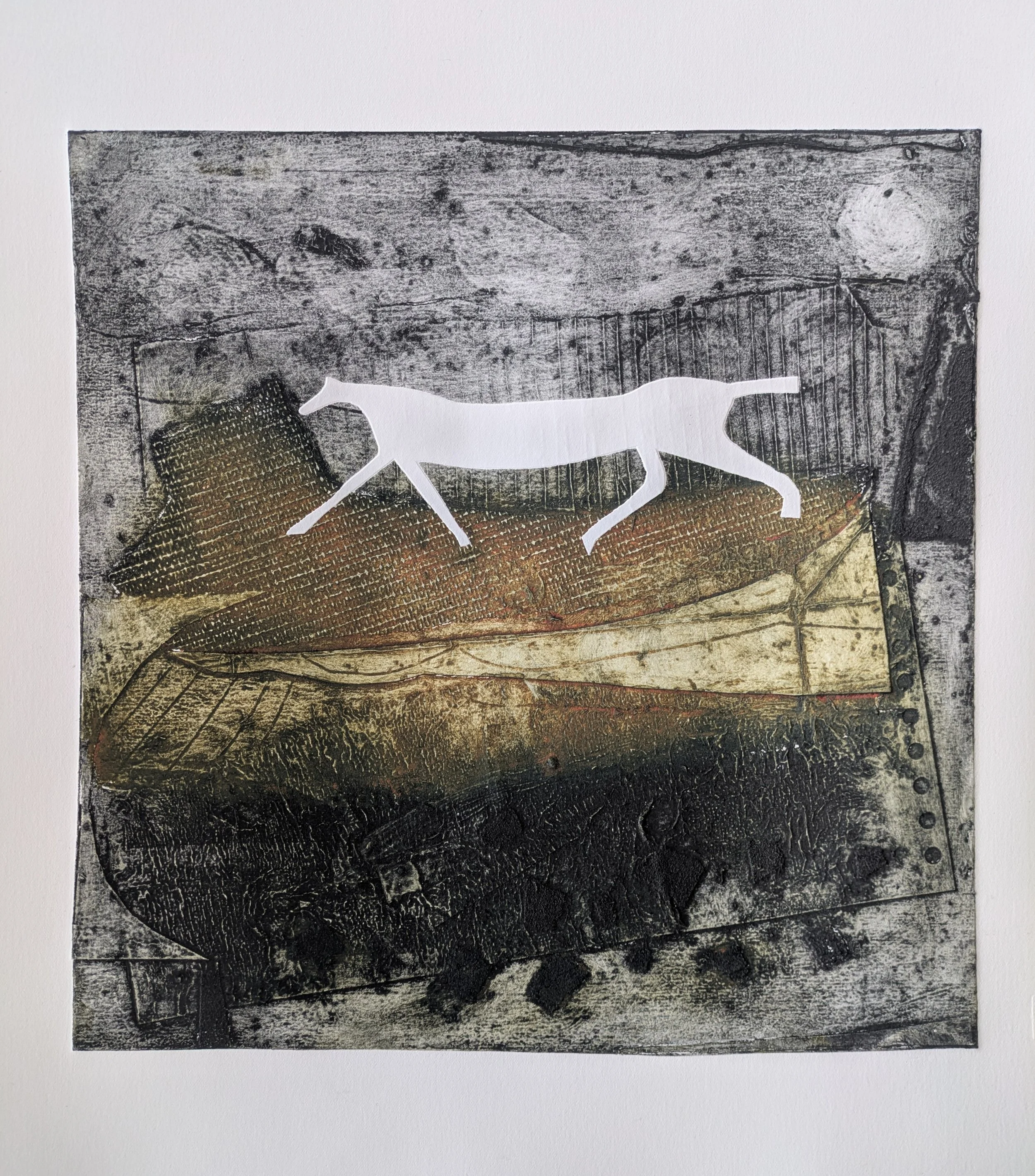 Marlborough Horse and Moon, Collagraph and tetrapak, 47 x 54 x 2 cm framed