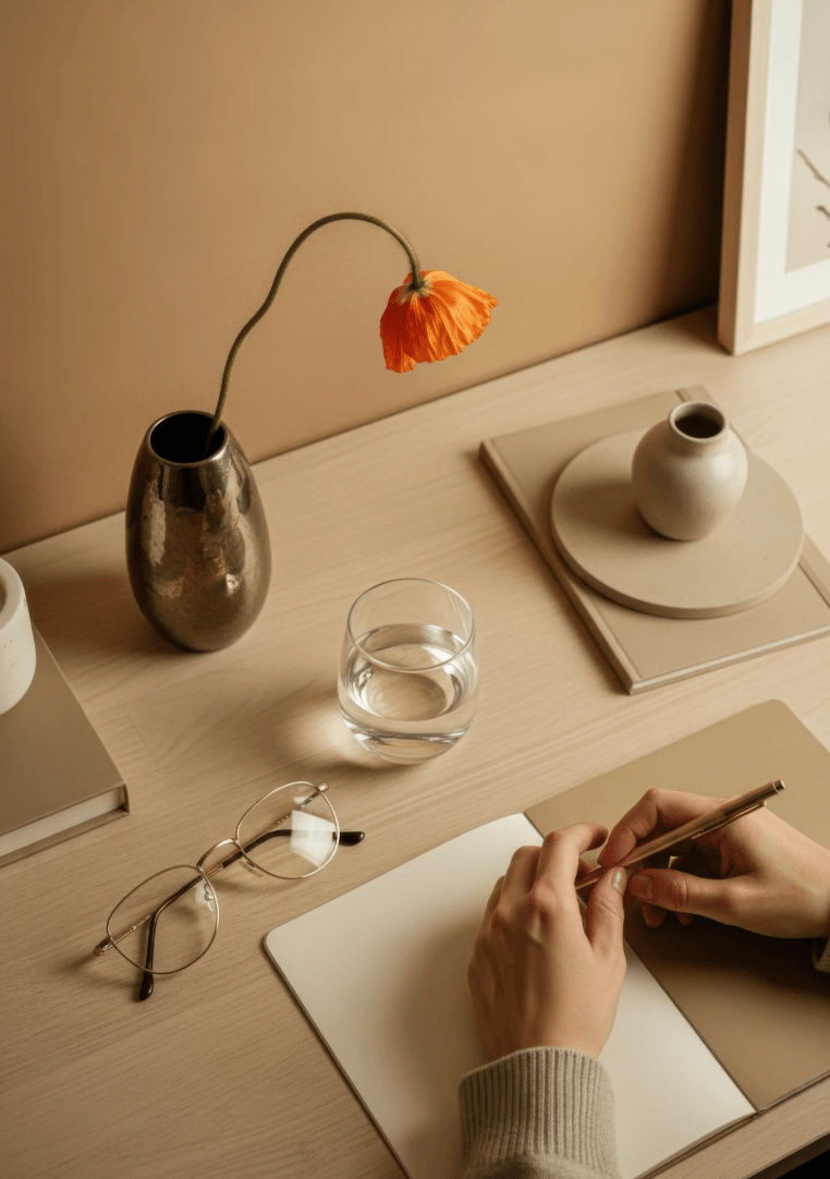 Person writing in their journal on a beige desk with water, an orange flower in a pot and their reading glasses