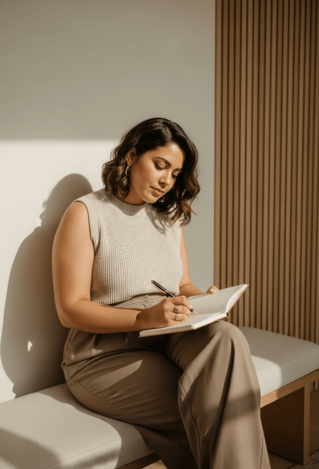A woman with brown hair and a beige outfit journaling after EMDR Therapy on a bench in NYC