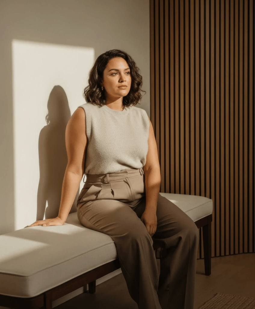 Woman with brown hair in neutral outfit reflecting on a bench after trauma therapy