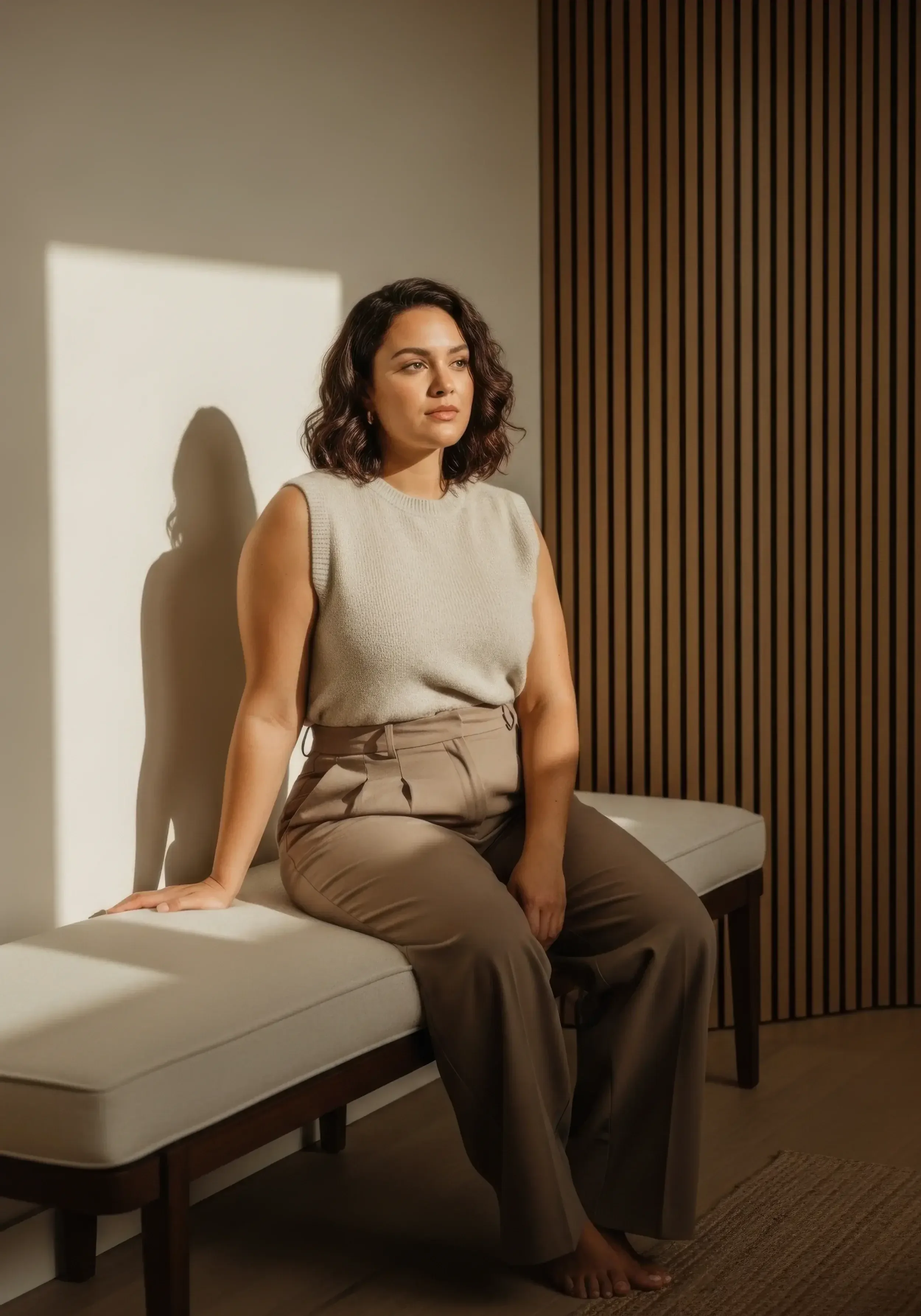 A therapist who just had therapy for the therapist reflecting after session on beige couch with a shadow