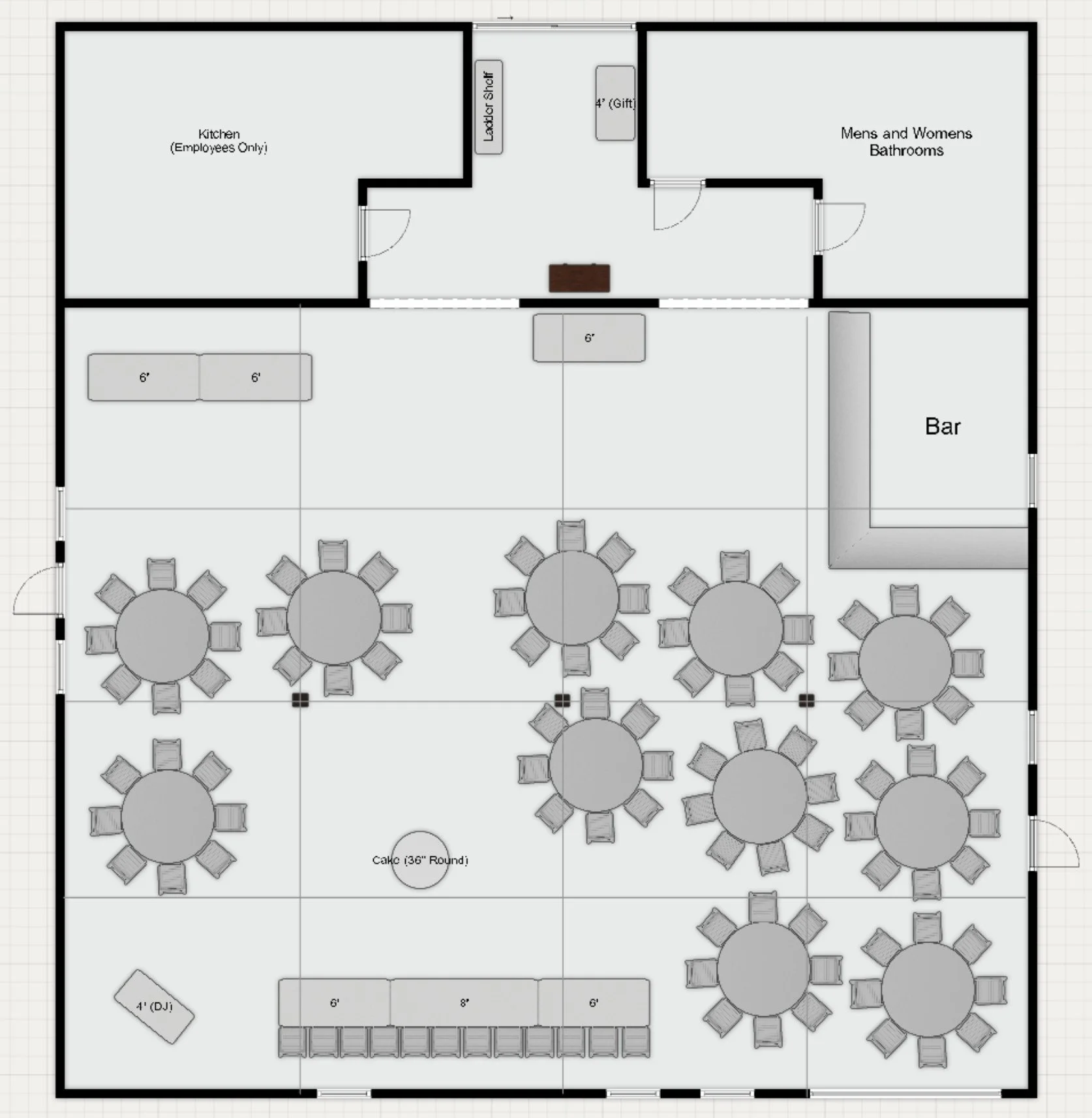 Buffet - 100 Guests Total - Traditional Head Table (12 seats) - 11 Guest Tables (88 seats)