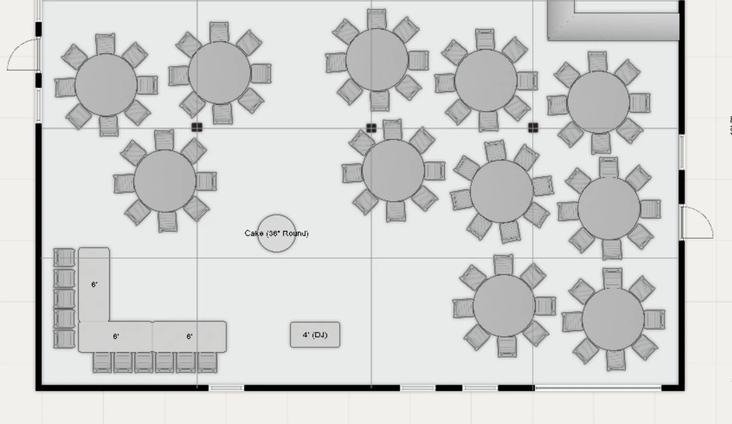 Traditional head table in corner (will be customized based to fit your party size). There are slight variations on this available as well, so ask us if this doesn't perfectly fit your vision. 