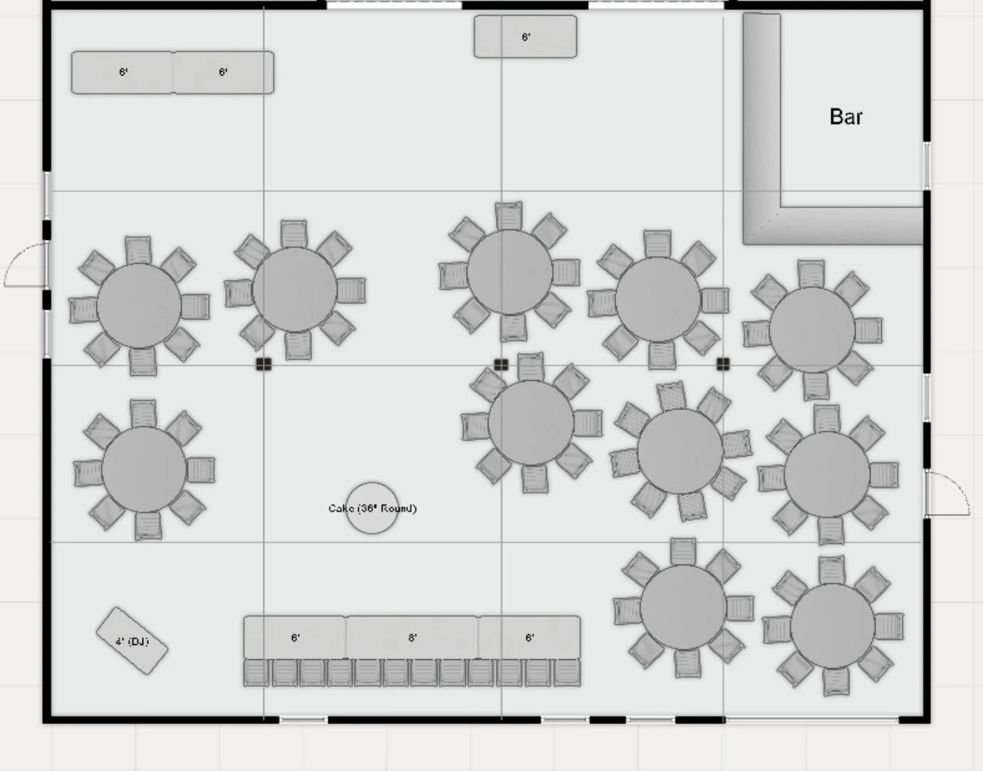 Traditional head table in front of dance floor (will be customized based on bridal party size)
