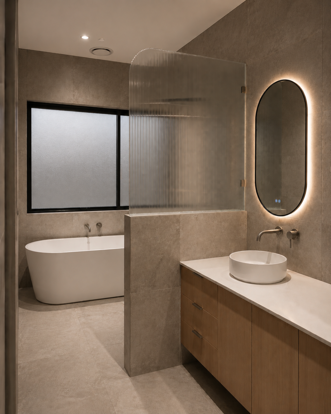 Bathroom with ribbed glass, illuminated mirror and timber vanity — Chambers Road, Altona North.