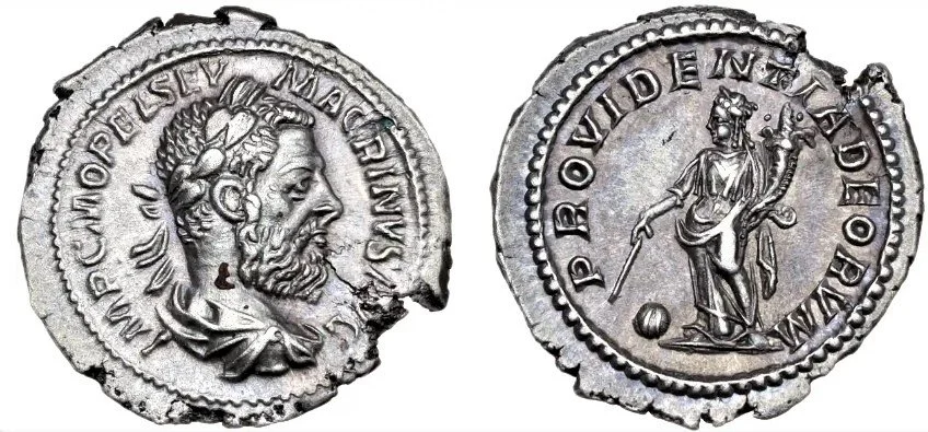 Authentic Roman silver denarius of Emperor Macrinus, Rome mint 217-218 AD, PROVIDENTIA DEORVM reverse, Providentia standing with globe and cornucopia, ancient Roman coin, RIC 80.
