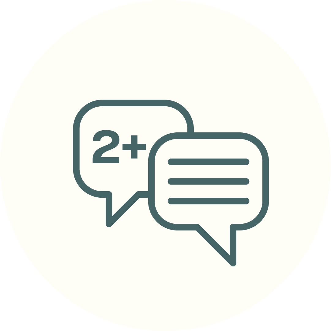 Two speech bubbles icon, one with "2+" and the other with lines, on a circular background.