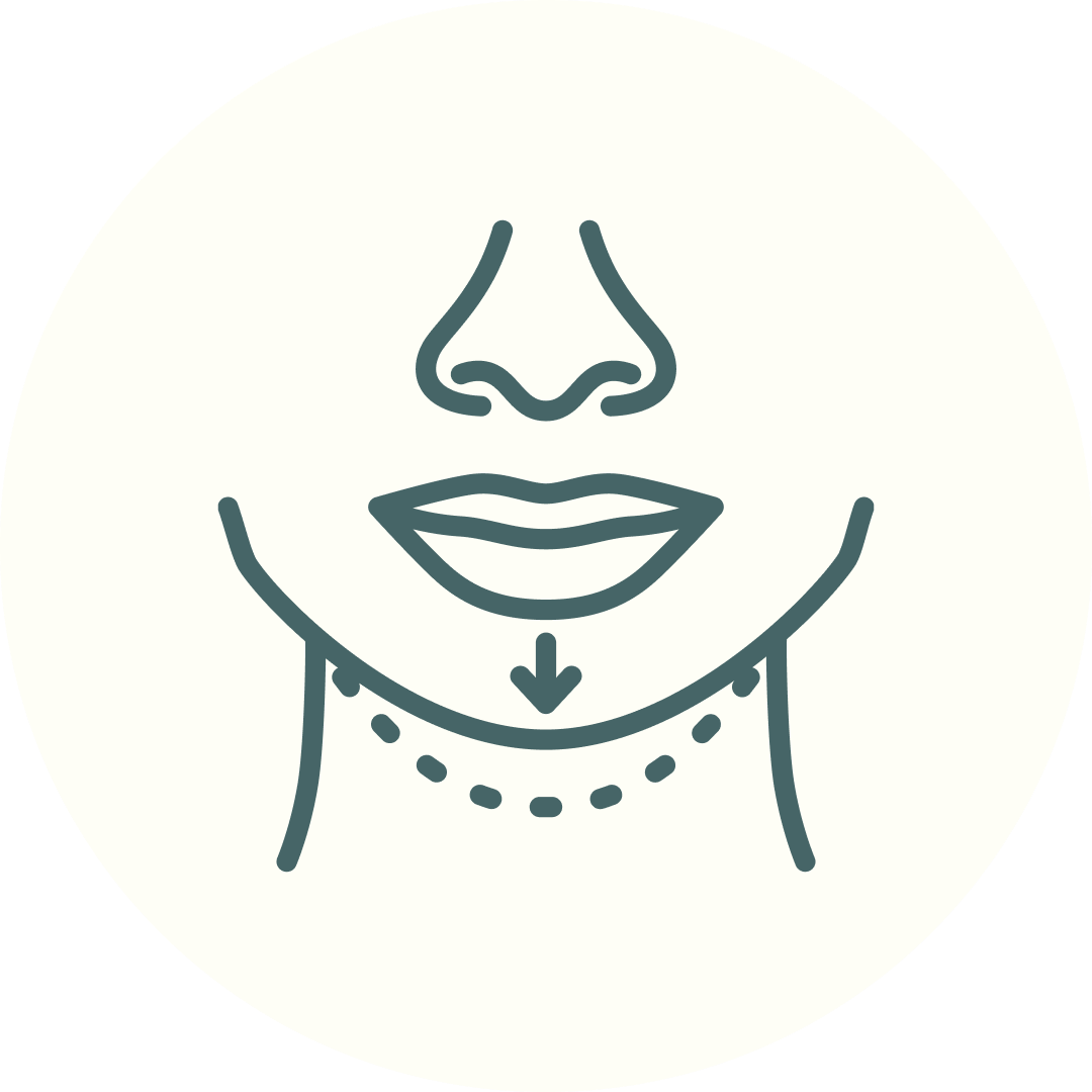 Illustration of a face focusing on nose, lips, and neck with an arrow and dashed line indicating neck movement or change.