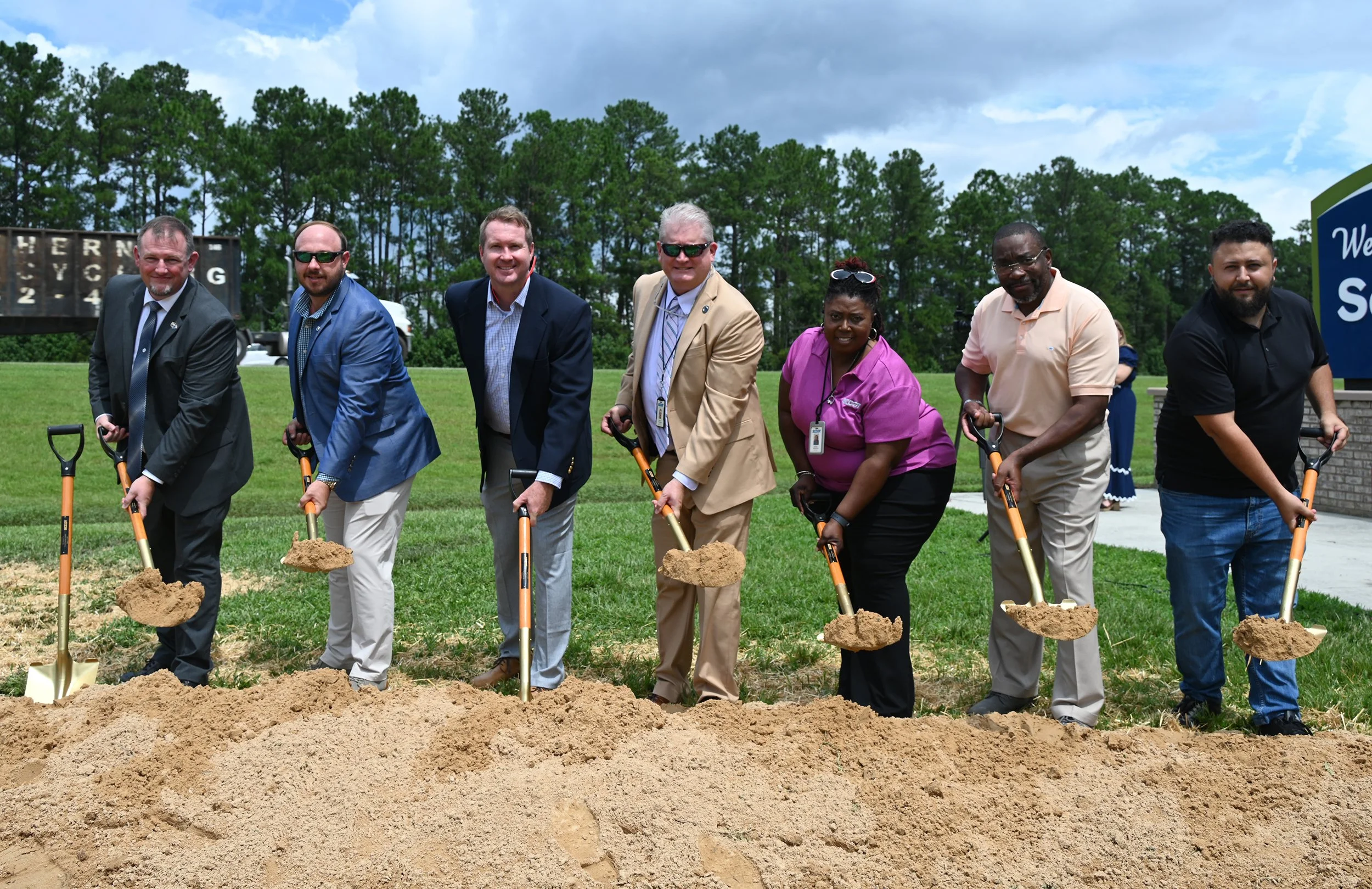 Community and project leaders break ground with shovels at the I-95 Widening and Improvements event in Jasper County.