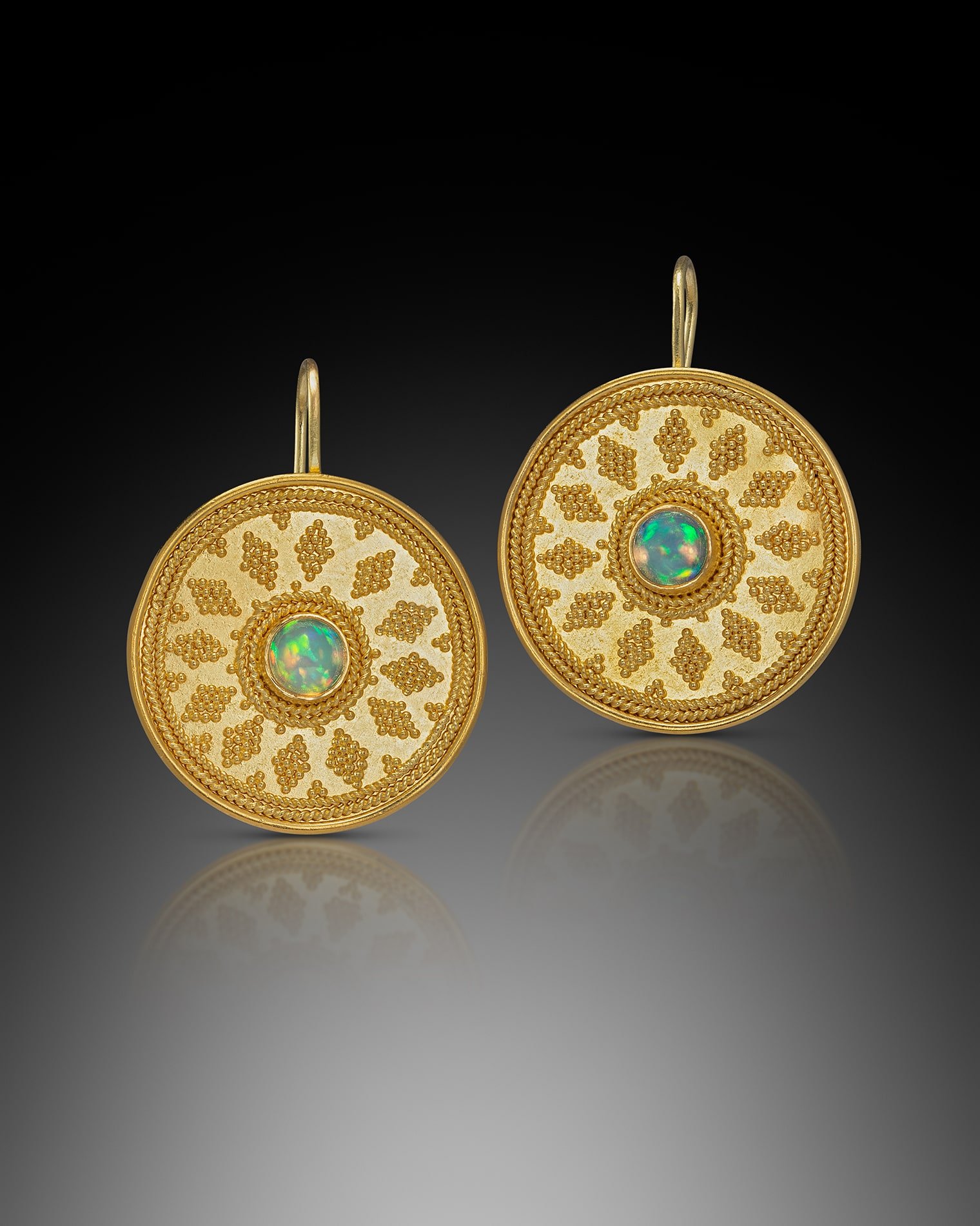 Classical Earrings.  These earrings are hand fabricated, fused, and granulated in 22k gold; set with two Ethiopian opals.