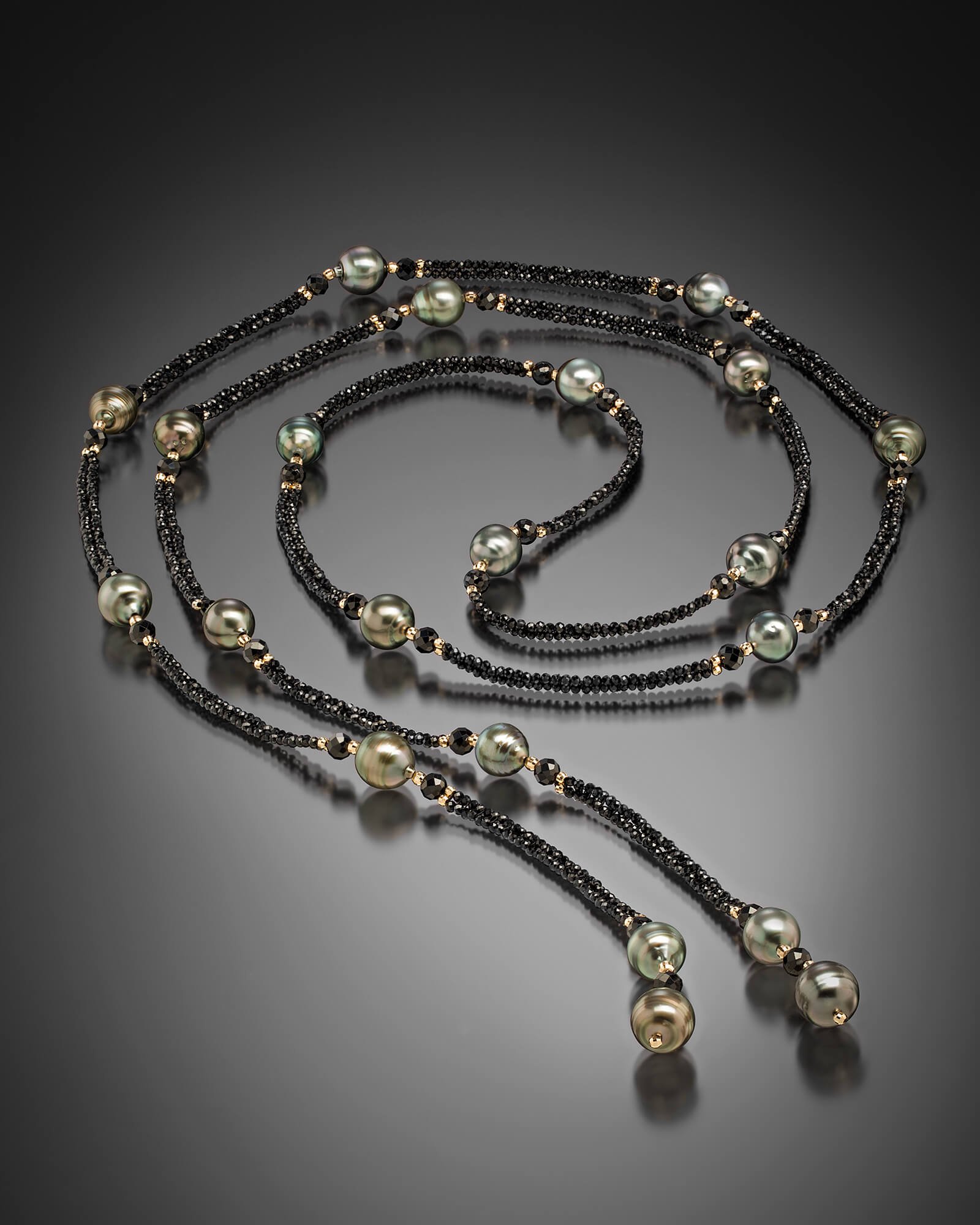 Tahitian Pearl Lariat. This long lariat is hand woven of black spinel, 14k beads, and Tahitian pearls. (49")