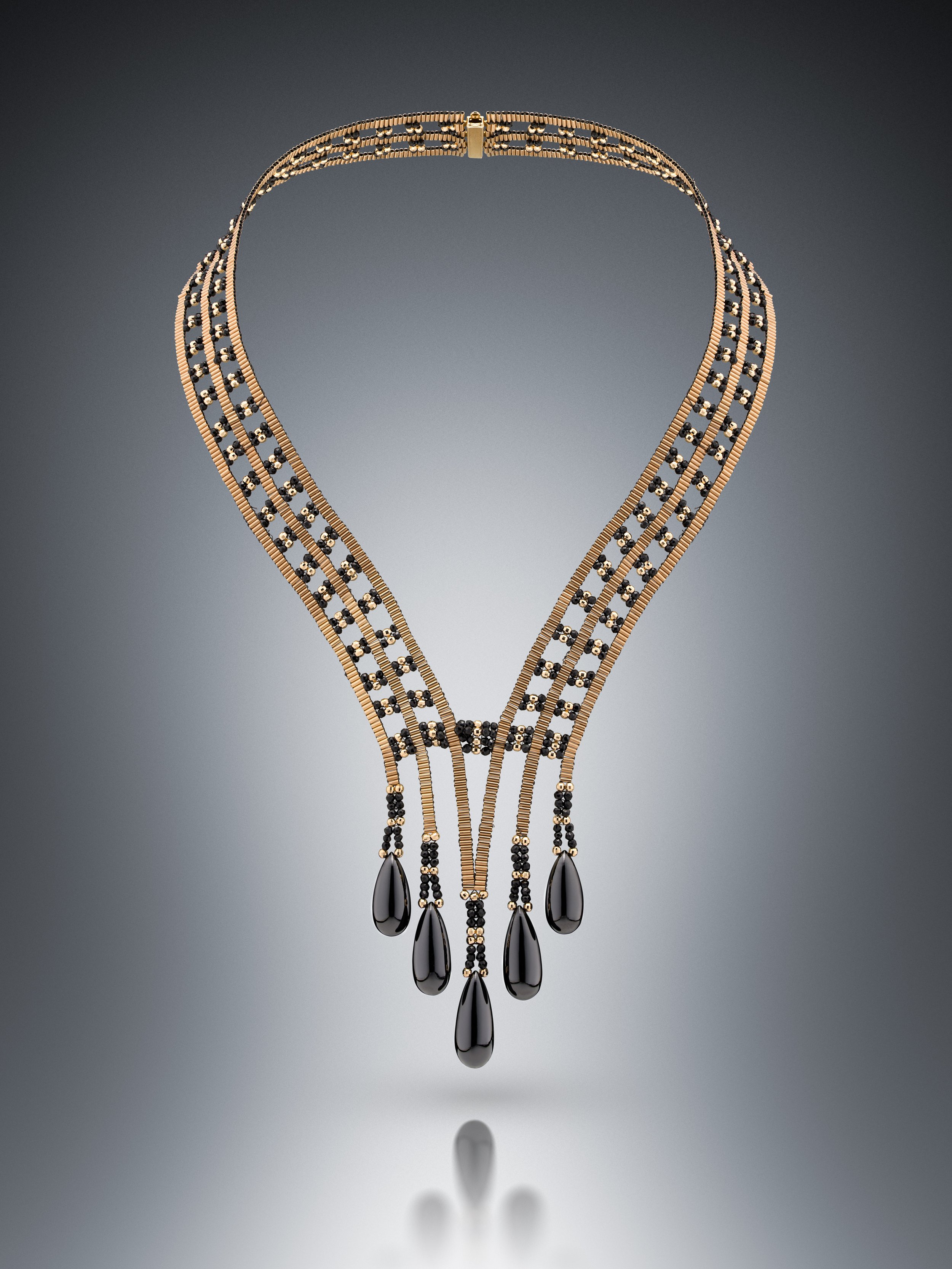 Wedding Necklace.  This neckpiece is hand-woven of black spinel and 14k gold beads.