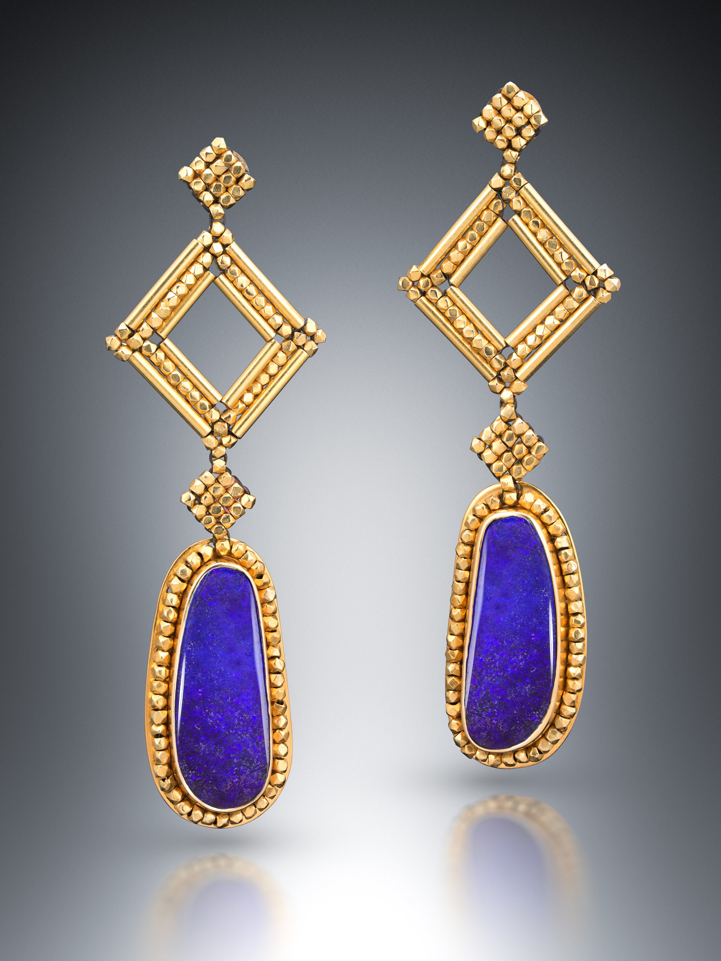 Purple Opal Earrings.  Hand woven and fabricated, these earrings are made of 18k gold, set with two purple Australian boulder opals.