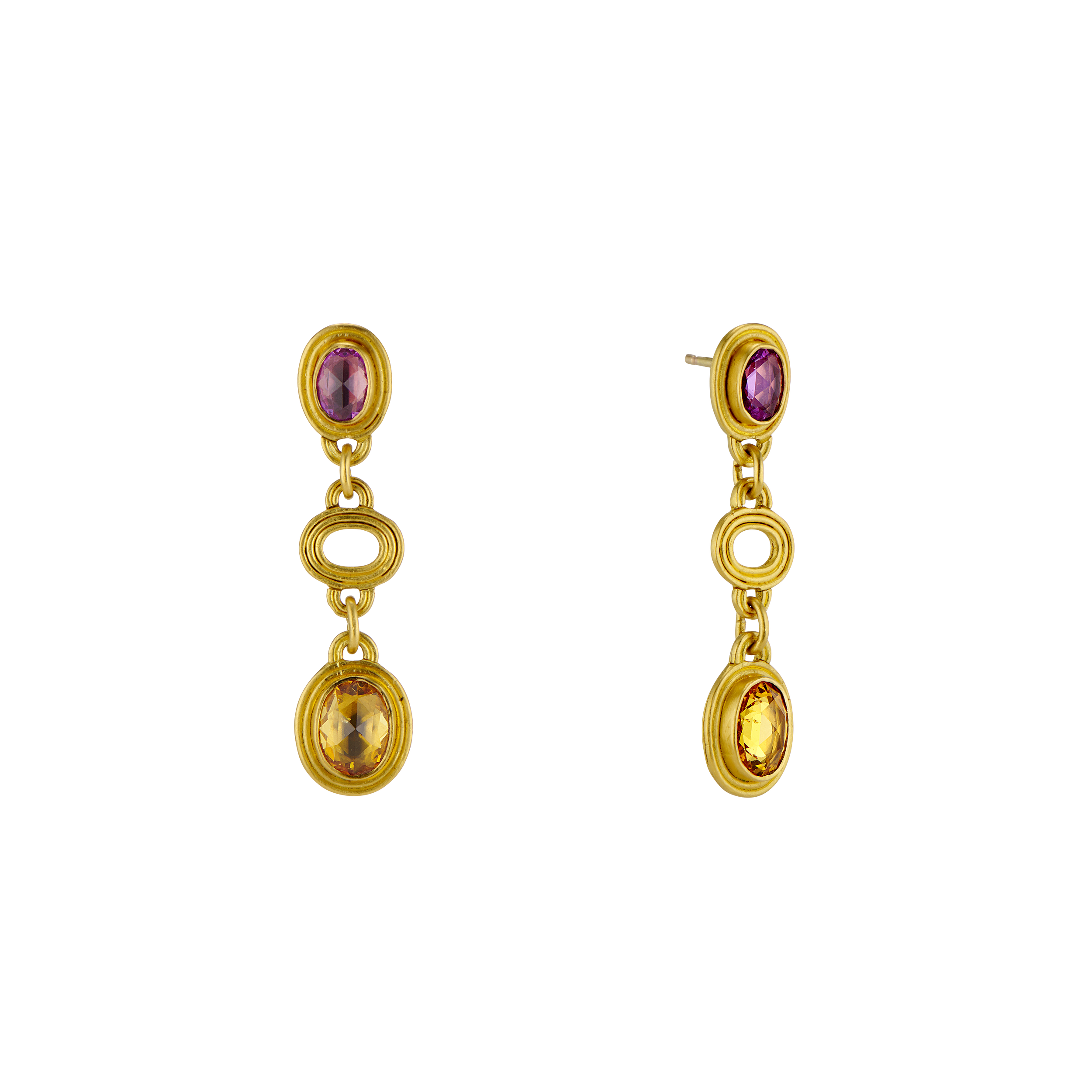 Sapphire Earrings.  These earrings are hand fabricated in 22k gold, and set with yellow and pink rose cut sapphires.