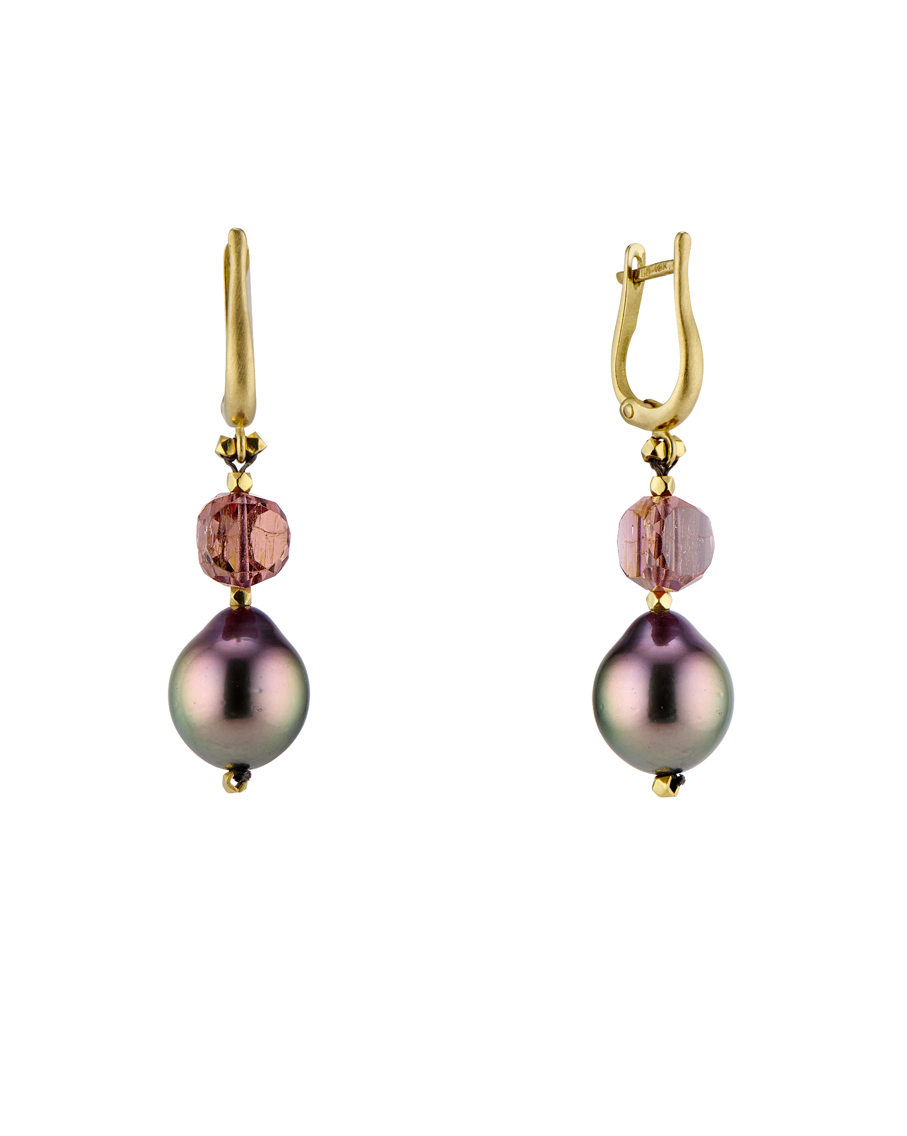 Tahitian pearl and pink tourmaline earrings in 18k gold.