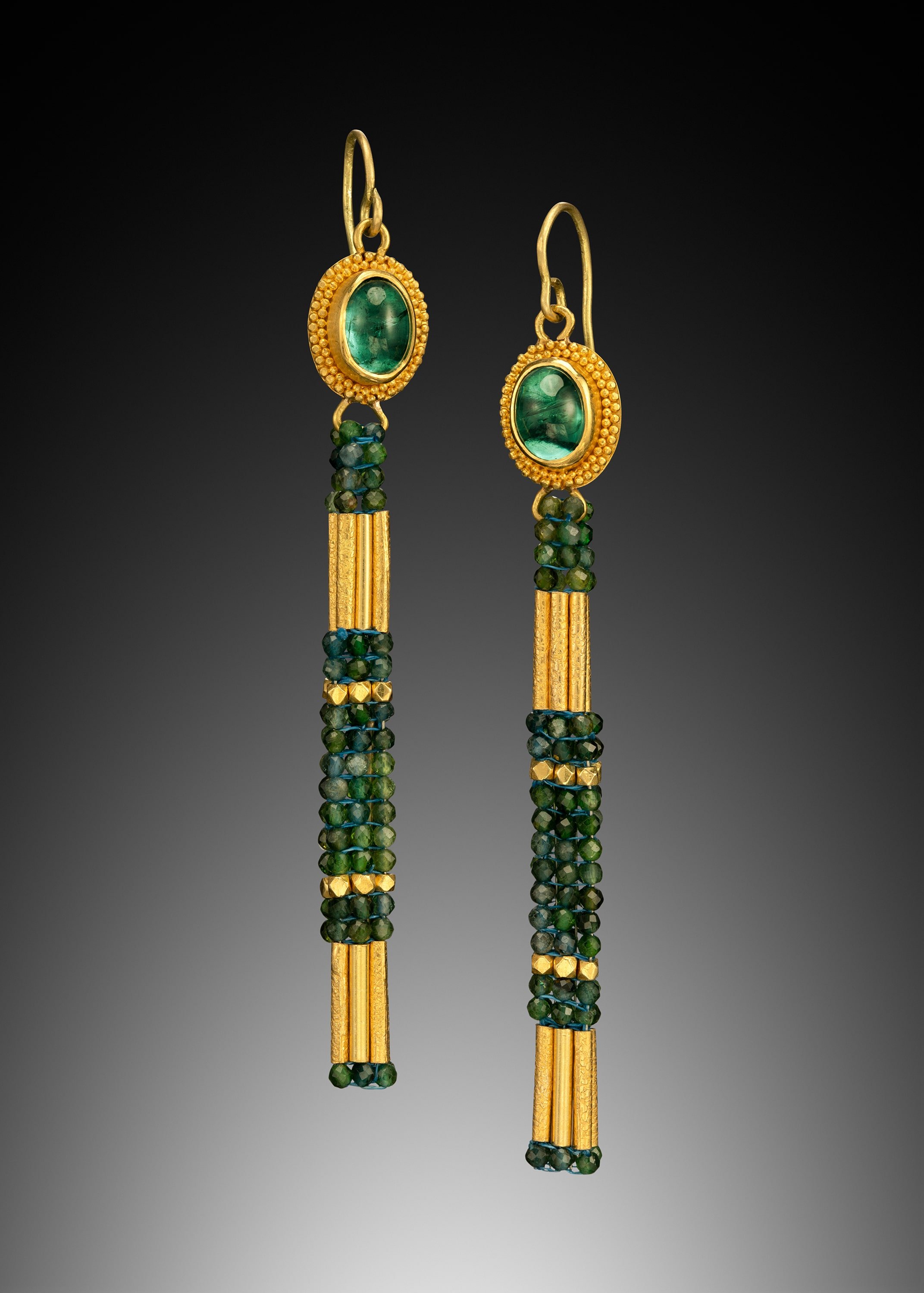 Tourmaline Dangle Earrings. Hand fabricated, fused, and granulated blue-green tourmaline bezels, woven dangle of tourmaline and 18k gold beads.