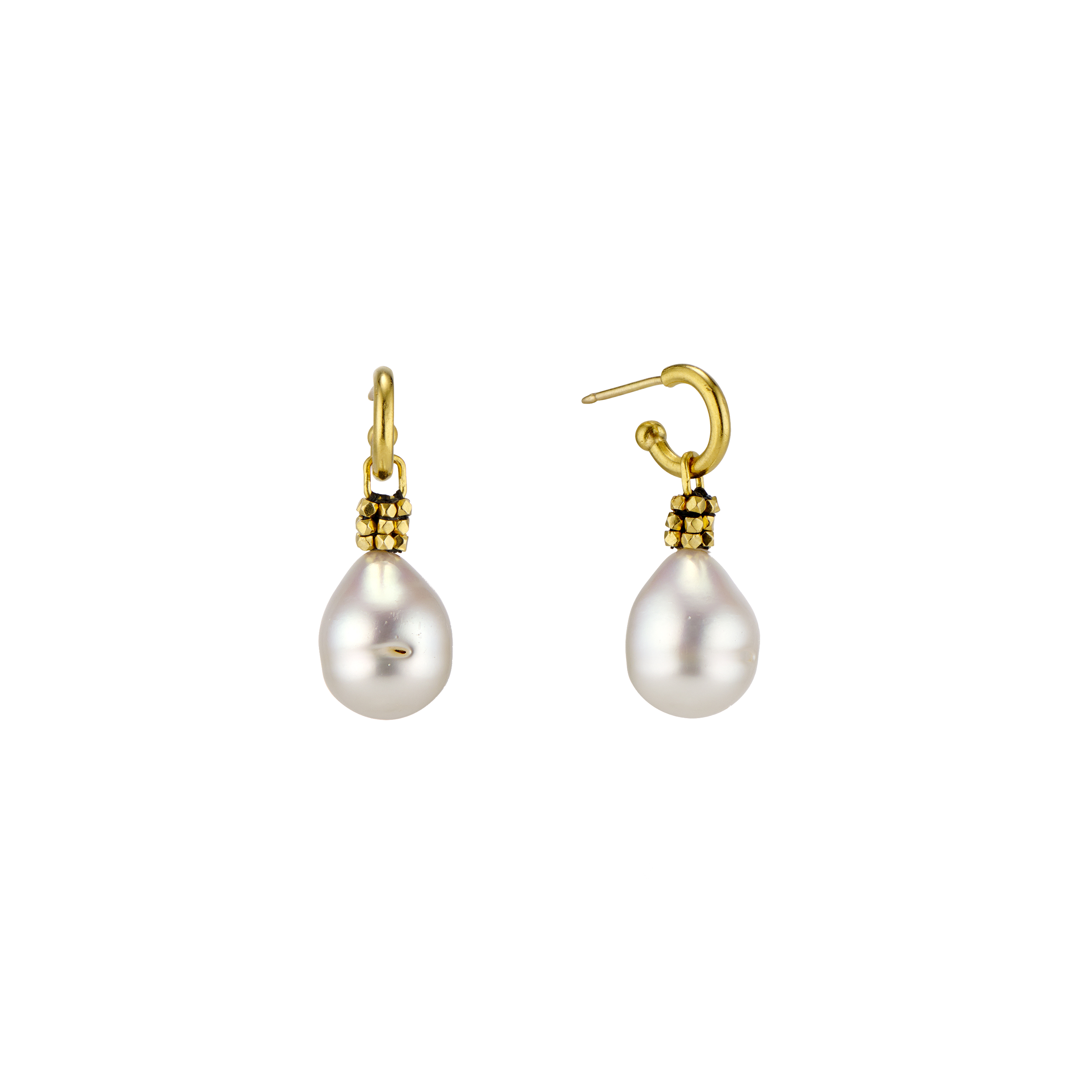 Classic Pearls.  South Sea drop pearls, 20k woven gold beads, hanging on 22k baby hoop earrings.