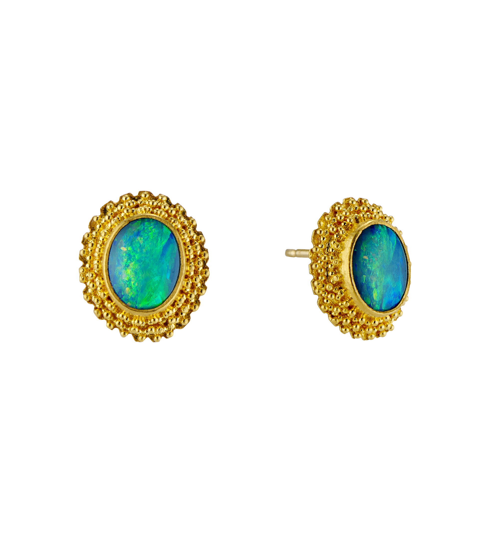 These earrings are fabricated in 22k gold, fused, granulated, and set with two Ethiopian opals.