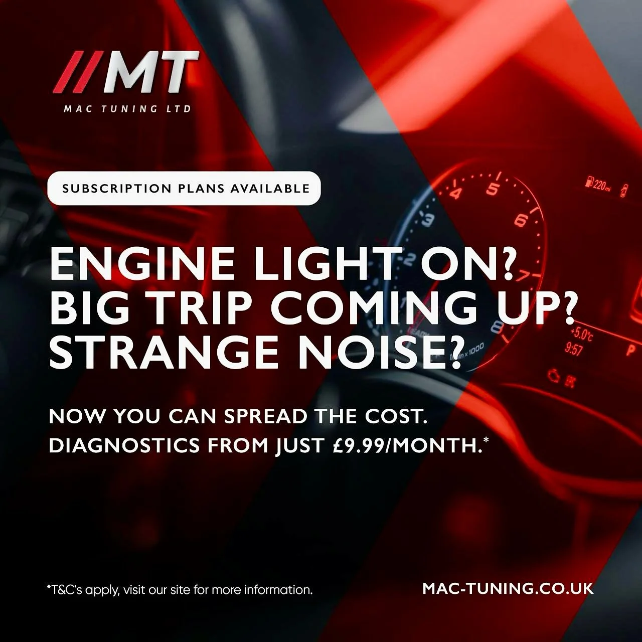 🚗✨ Introducing Diagnostic Cover Plans &mdash; exclusive car cover from Mac Tuning!

From as little as &pound;9.99/month, you&rsquo;ll get:
✅ Up to 2 diagnostic &amp; health checks a year
✅ Priority booking (skip the dealer queues)
✅ Discounts on ser