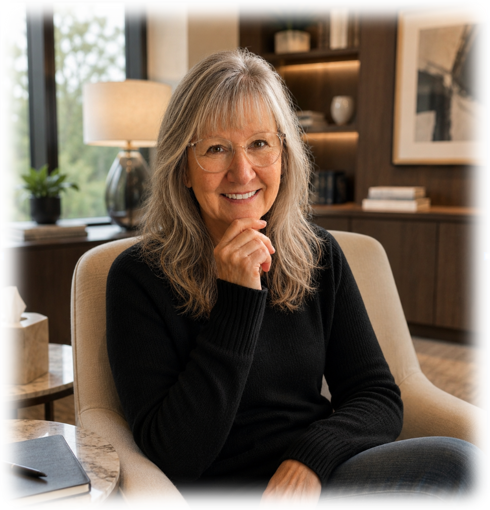 A smiling older woman with gray hair, wearing glasses and a black sweater, sitting in a cozy living room with a beige armchair, a table with a notebook, a lamp, and a bookshelf in the background.