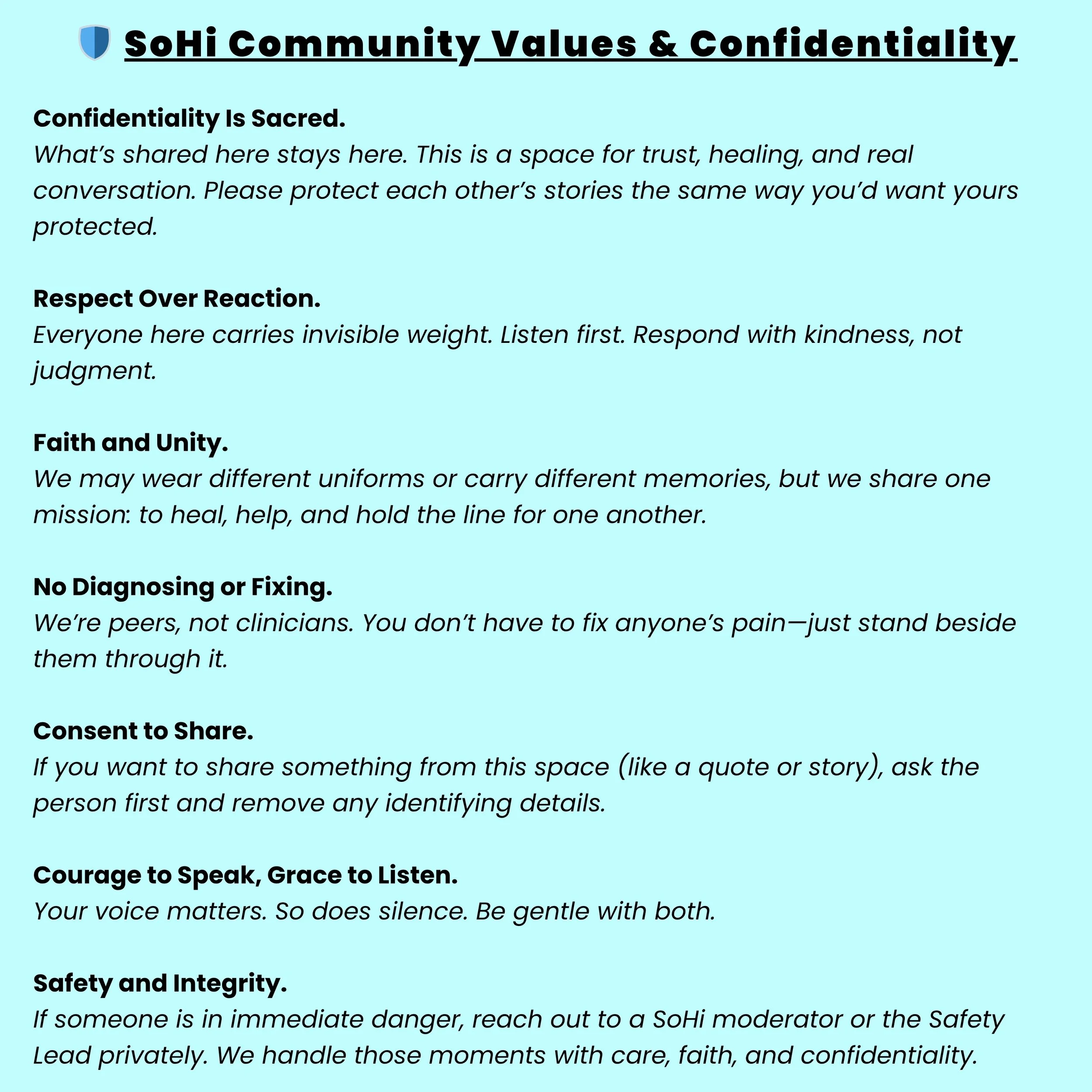 Text summarizing SoHi Community Values and Confidentiality, including sections on confidentiality, respect, faith, safety, and integrity.