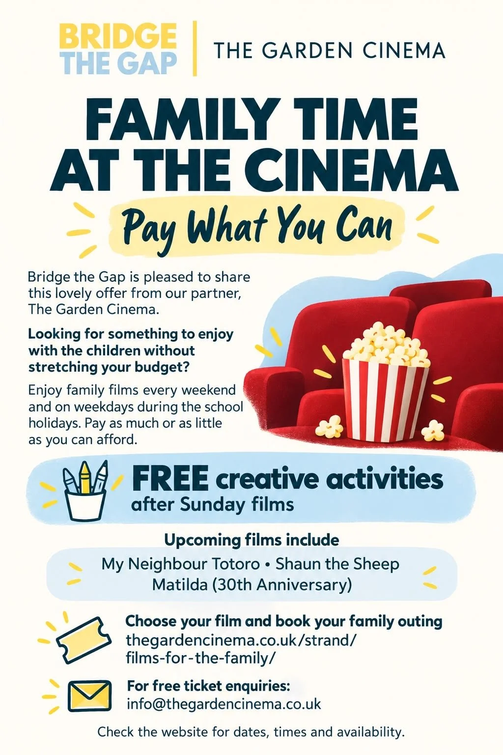 Flyer for the Family Time At The Cinema offer from Bridge The Gap and The Garden Cinema