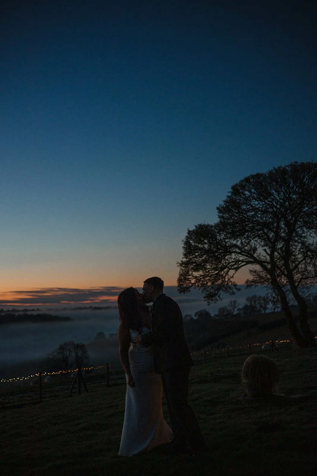 Silhouettes of a couple kissing outdoors at dusk, with a large tree, rolling hills, fog, and string lights in the background.