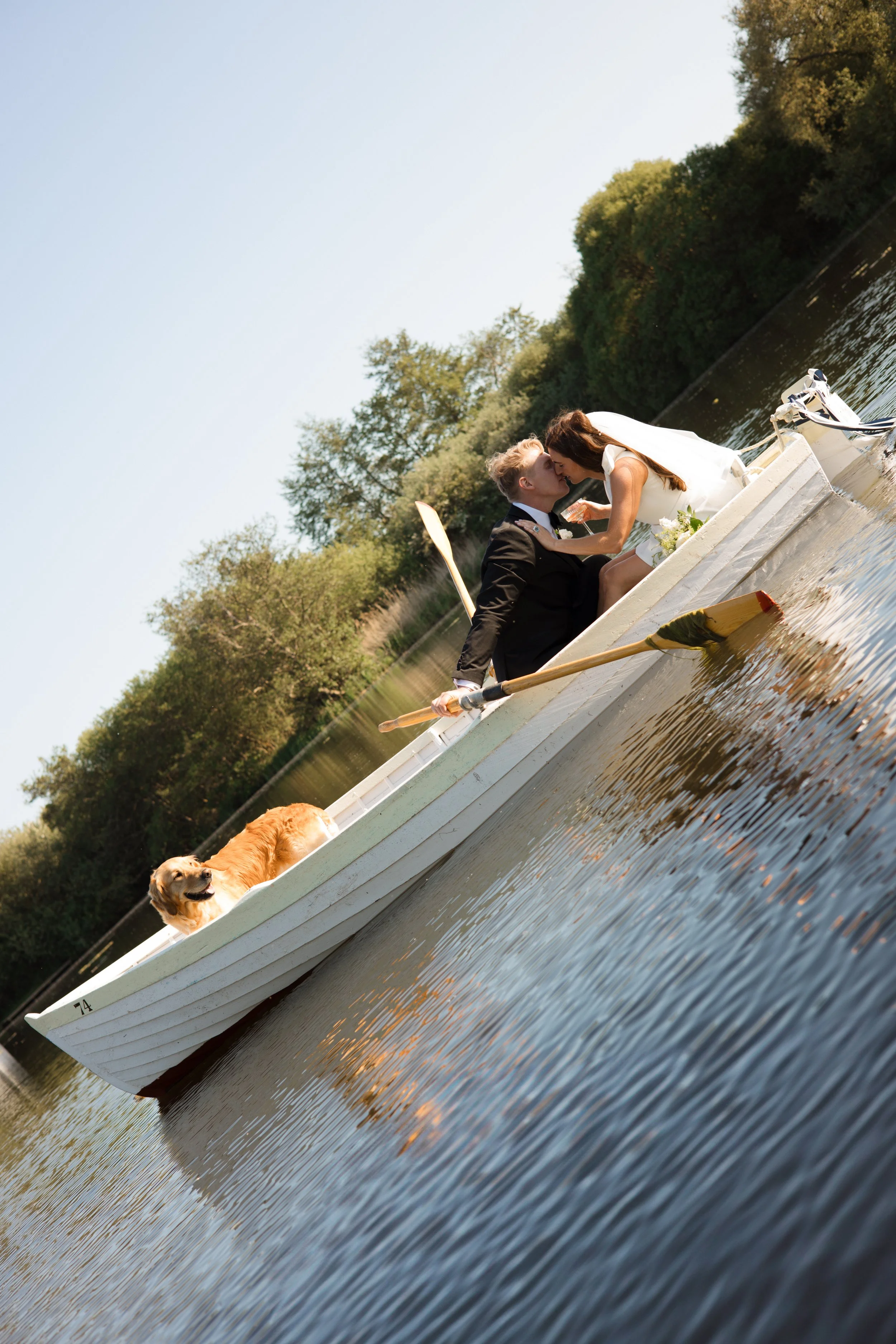 A couple in wedding attire kissing on a small boat on a lake, accompanied by a golden retriever dog and surrounded by lush green trees.