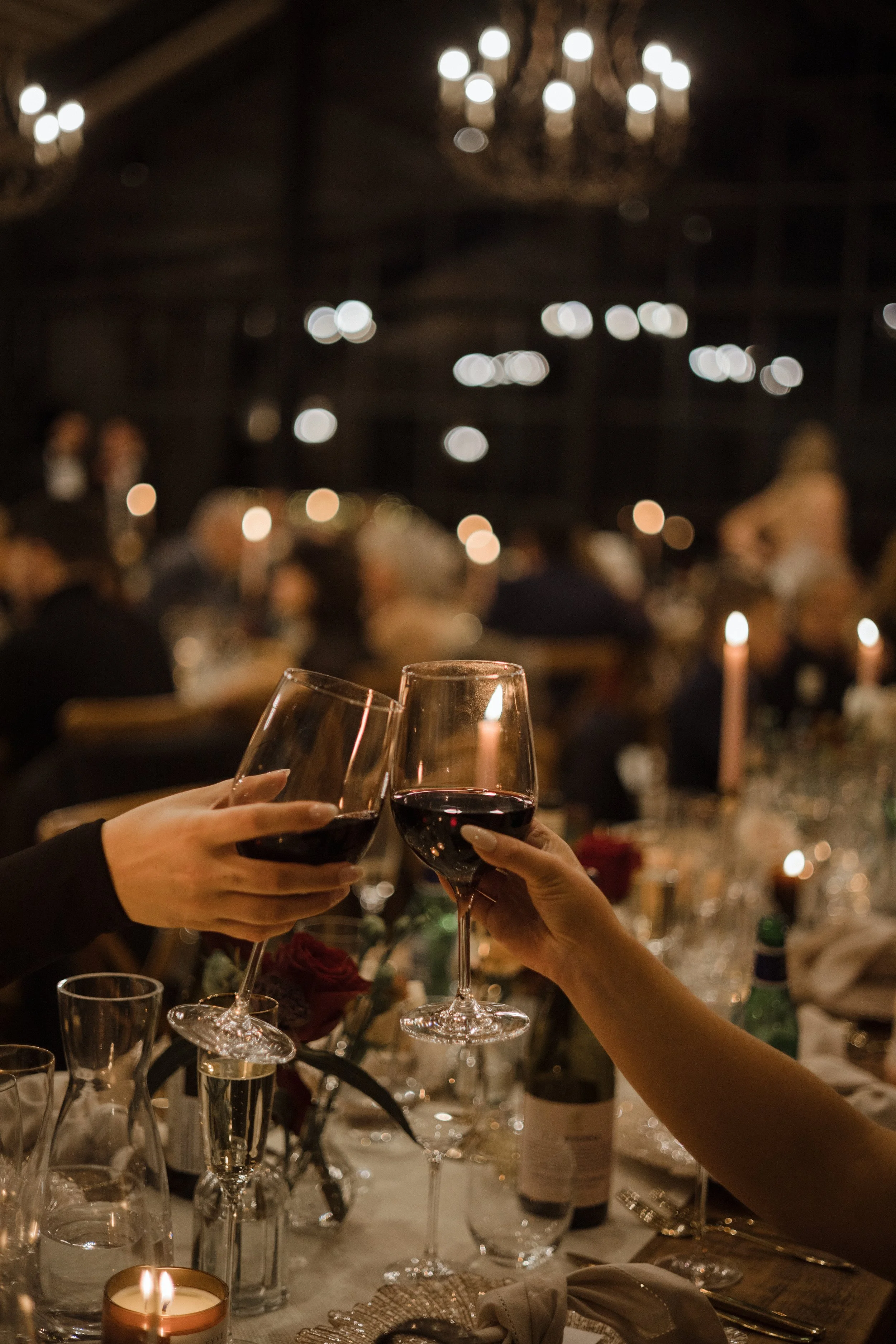Two people clinking glasses of red wine at a formal dinner event with a decorated table and candles, in a dimly lit venue with chandeliers.