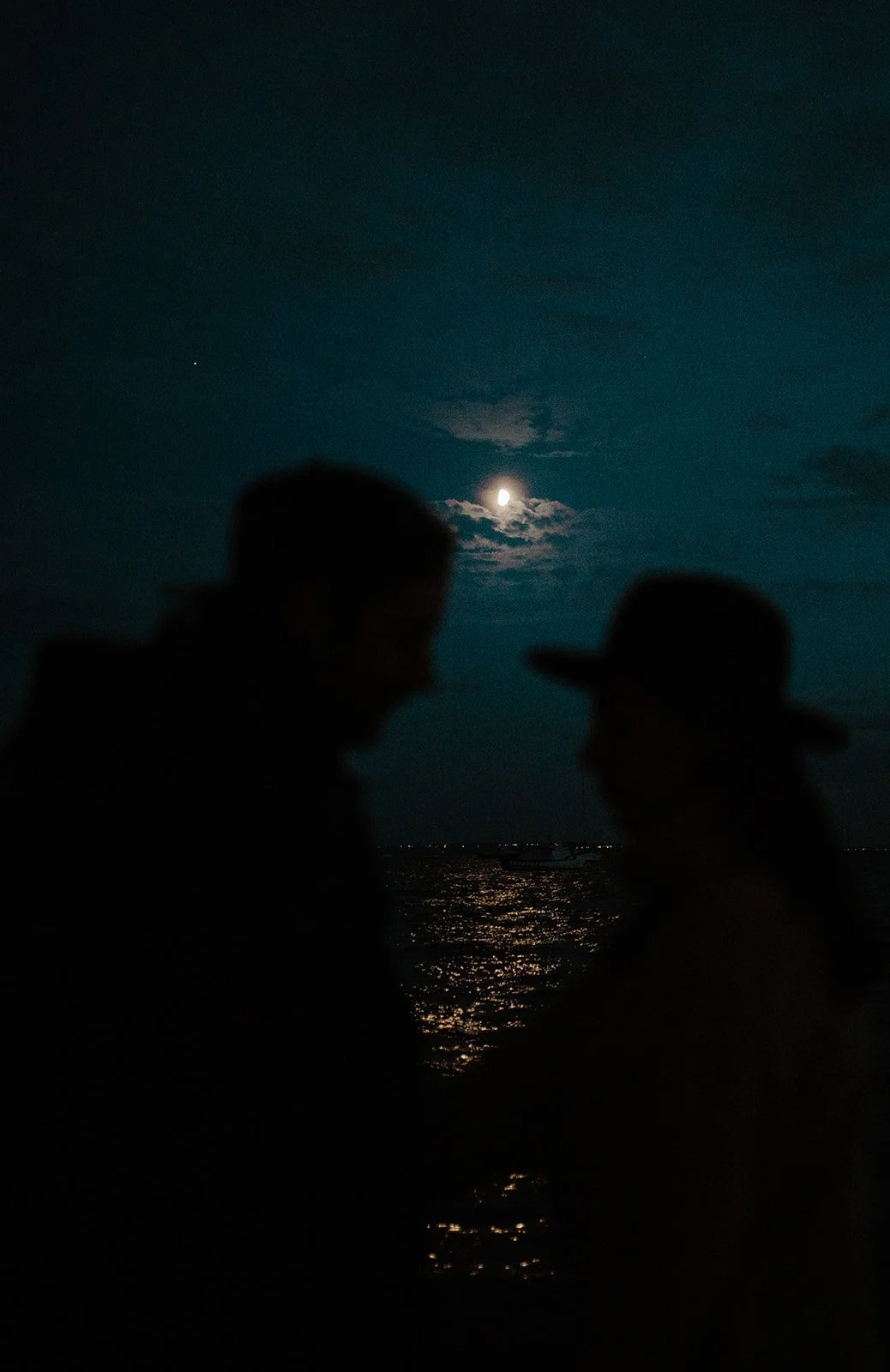 Silhouettes of two people standing near water at night with the moon and a star visible in the sky.